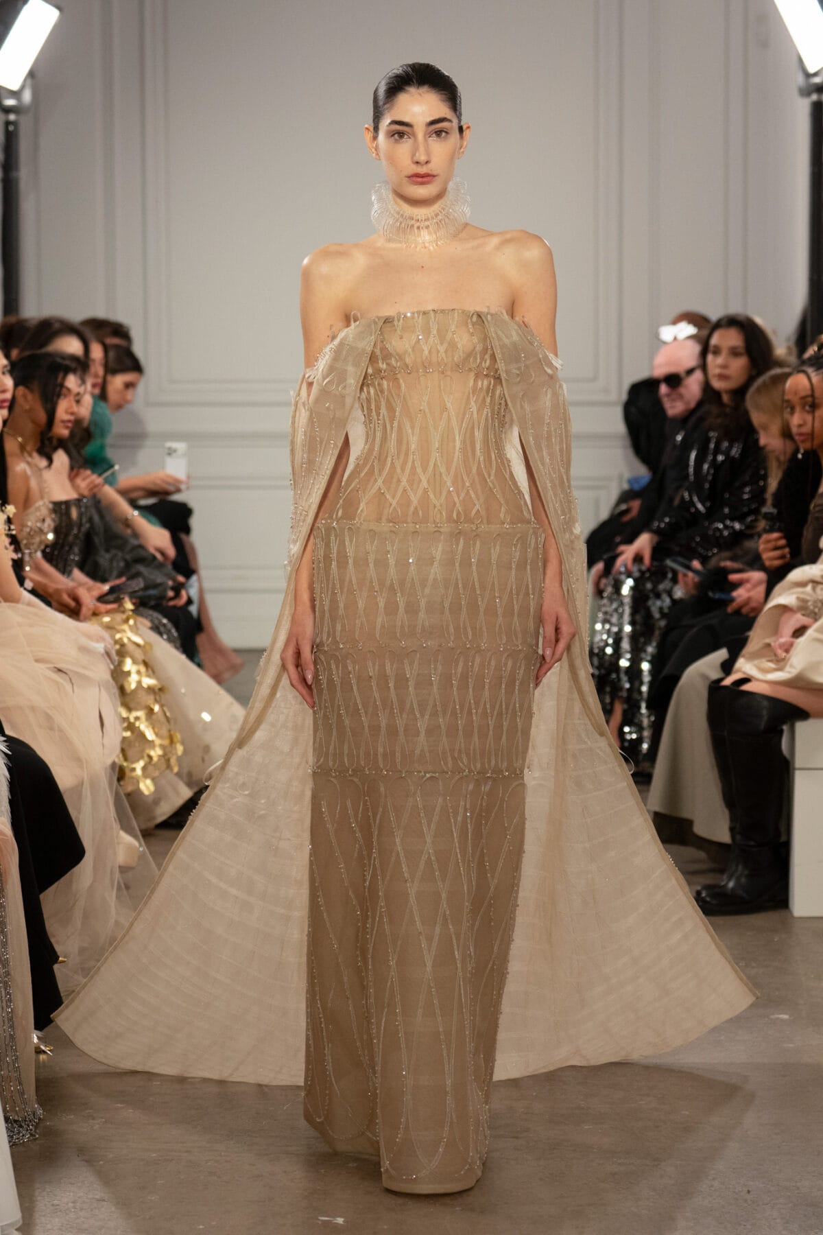 Floor-length column gown in light beige