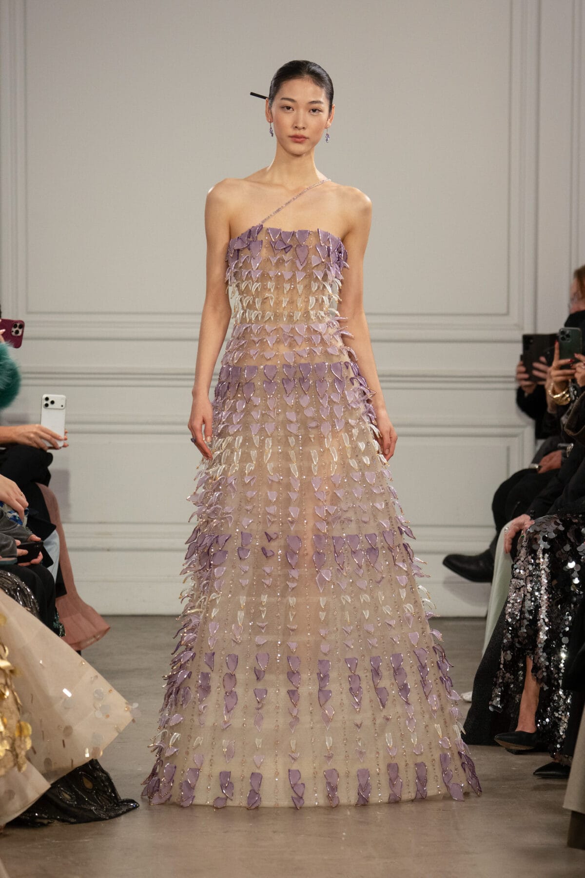 Asymmetric semi-sheer A-line gown in nude
