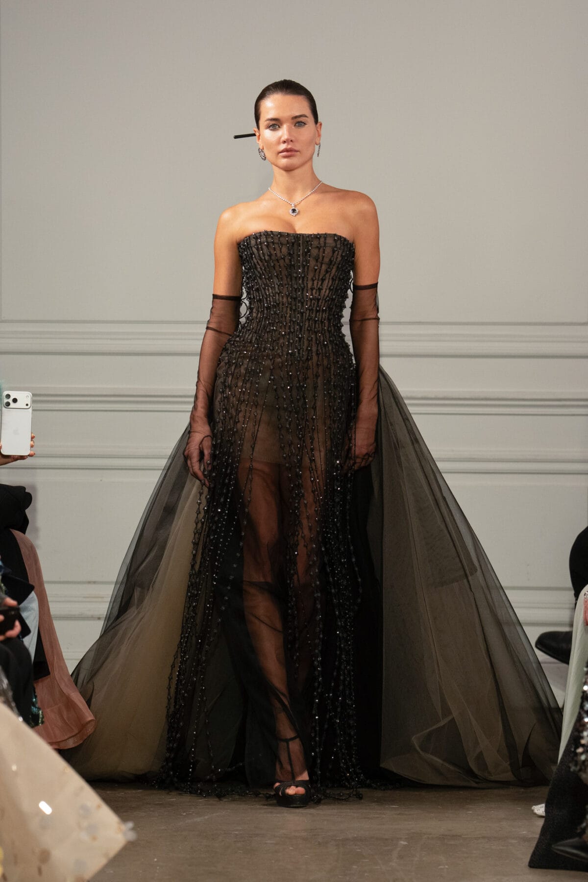 Semi-sheer fit and flare gown in black