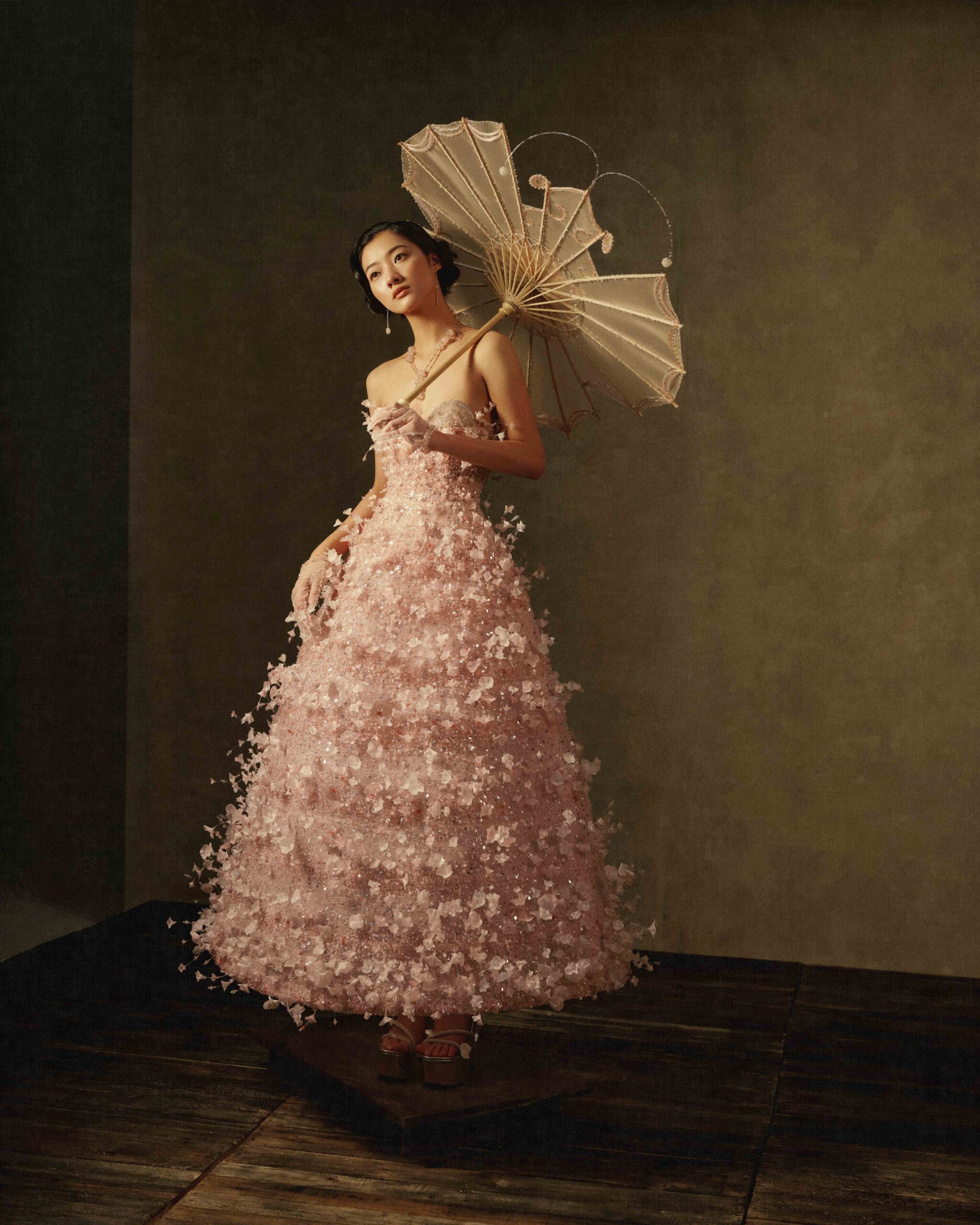 Strapless Tea-Length Ball Gown in Pastel Pink with 3D Floral Appliqués - Image 3