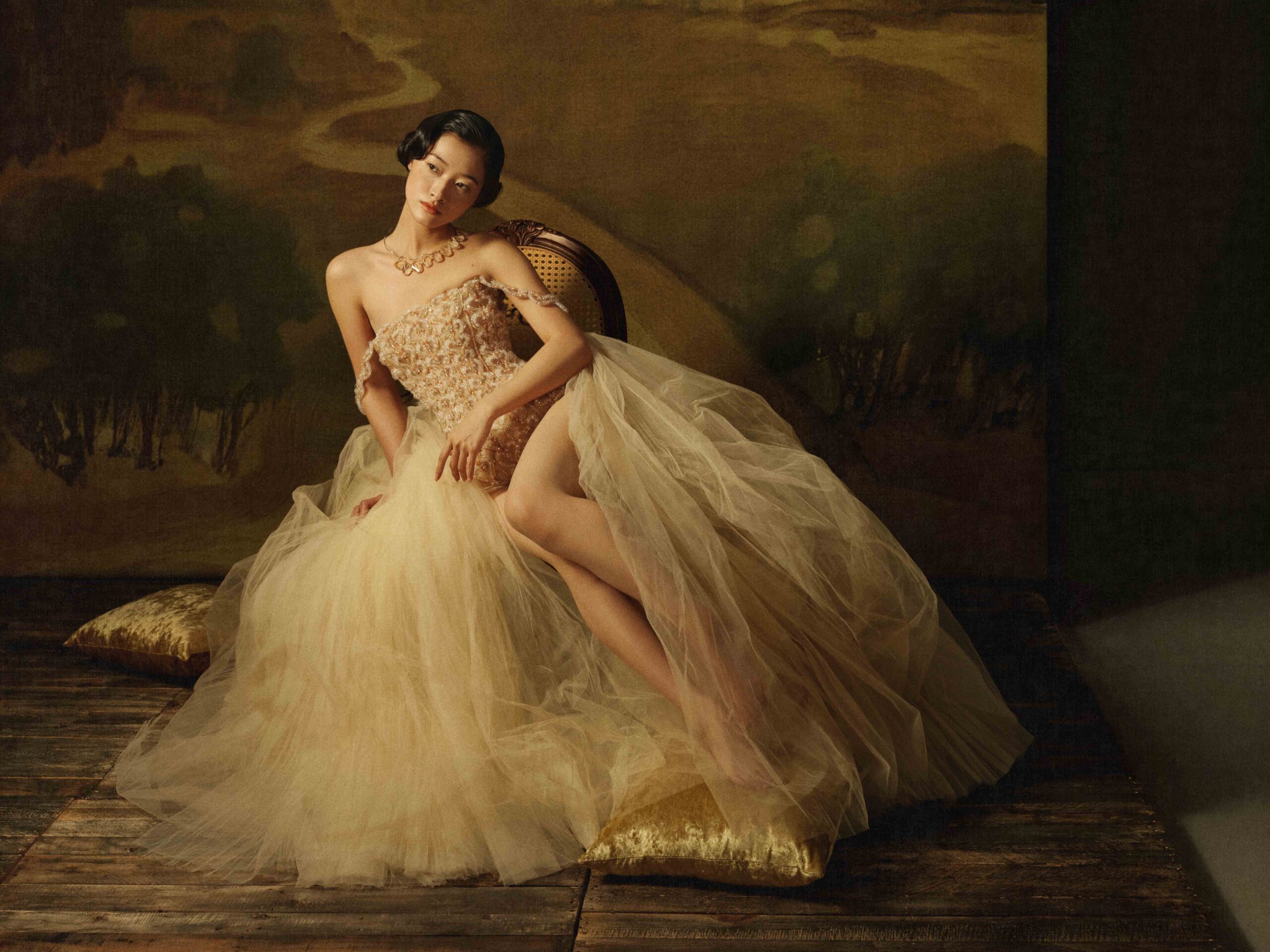 Leotard and Overskirt Ensemble in Champagne Beige with Architectural Beadwork - Image 4