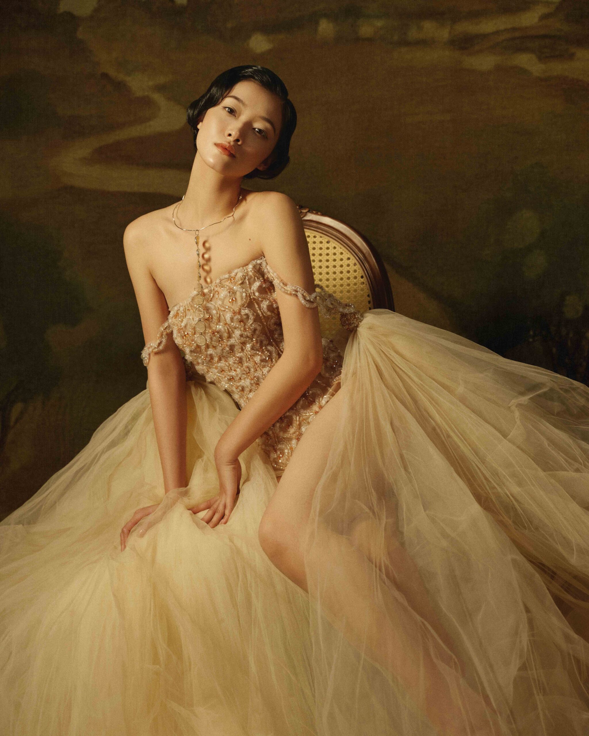 Leotard and Overskirt Ensemble in Champagne Beige with Architectural Beadwork - Image 5