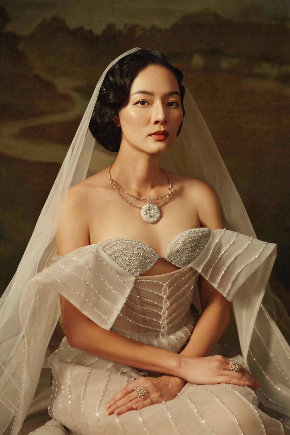 Floor-length column gown in pale grey