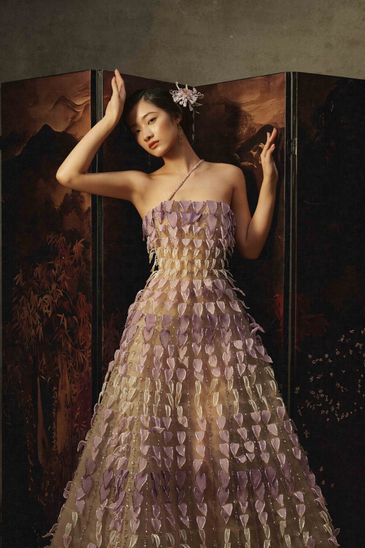 Asymmetric semi-sheer A-line gown in nude