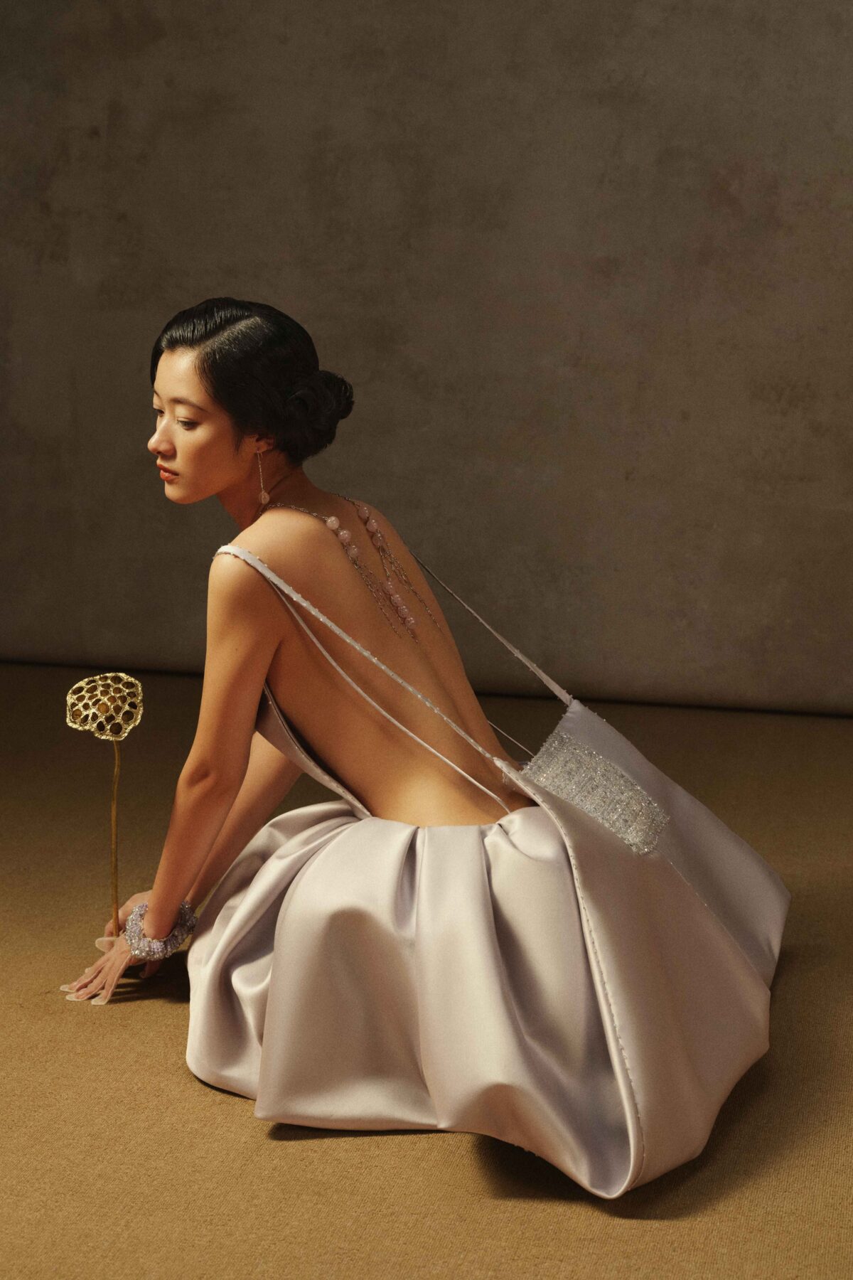 Silver grey taffeta cocktail dress with balloon skirt