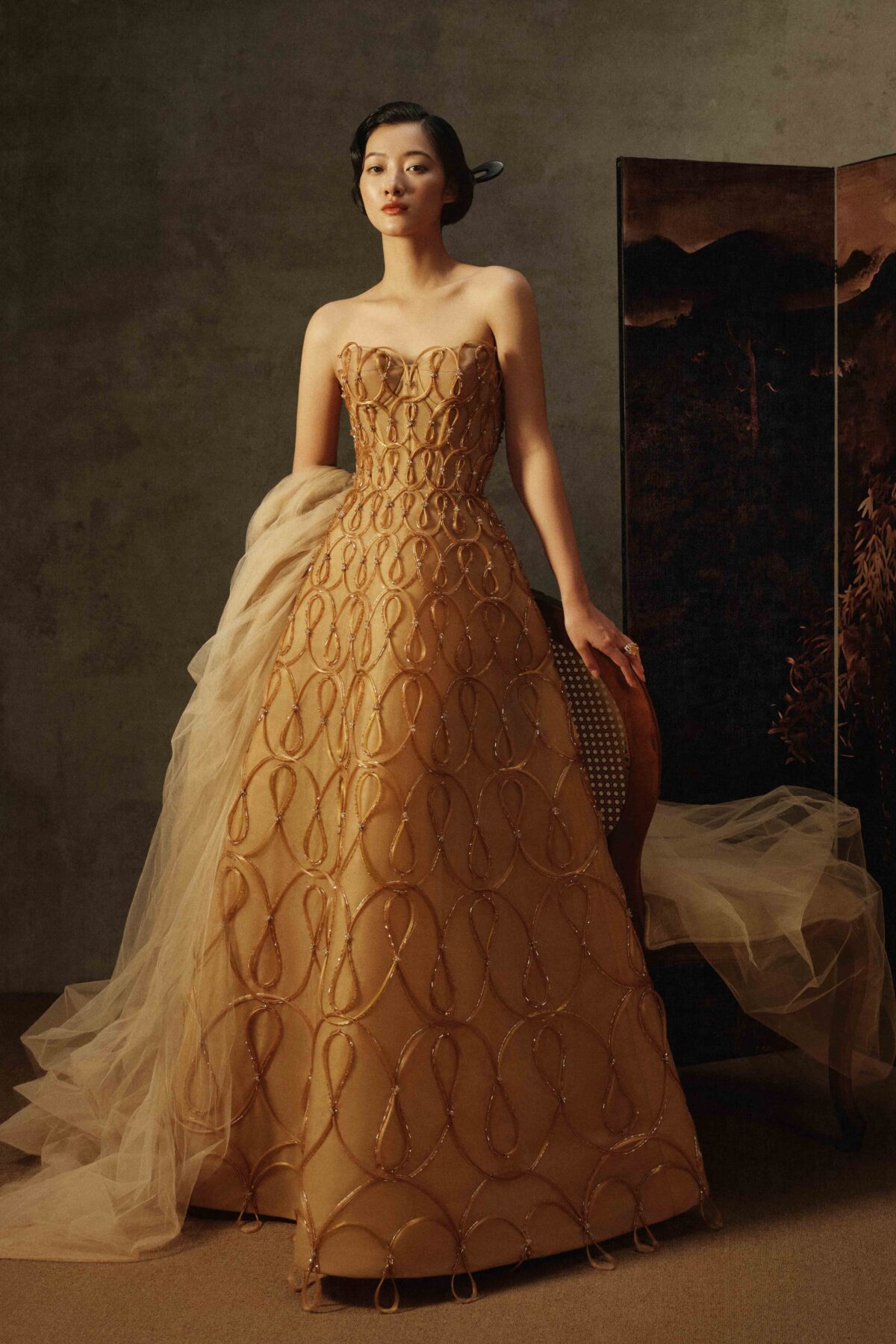 Strapless maxi princess gown in golden brown