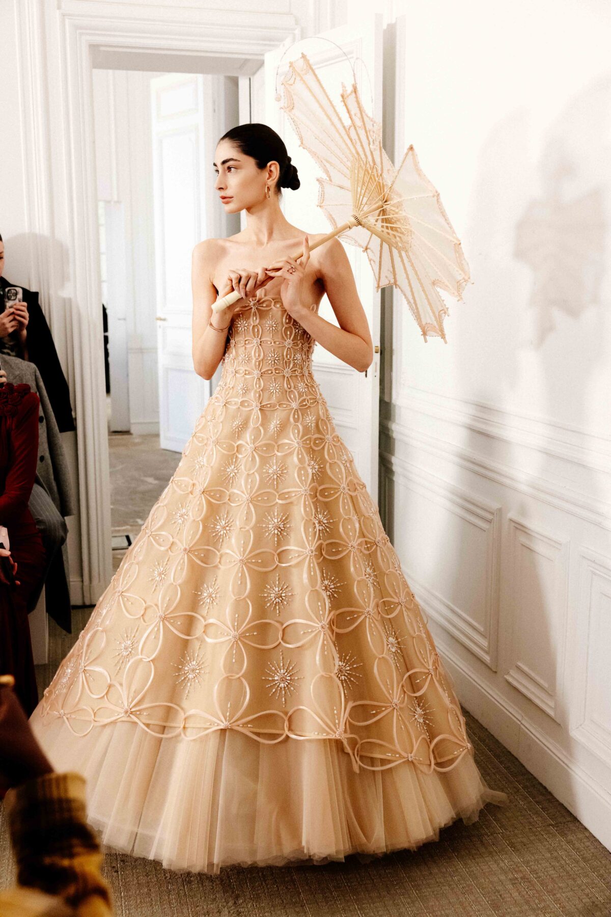 Nude champagne couture ball gown with architectural embroidery