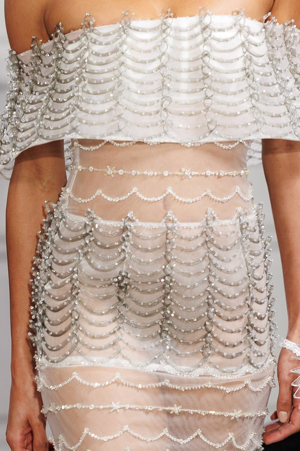 Off-the-shoulder fit and flare gown in silvery white