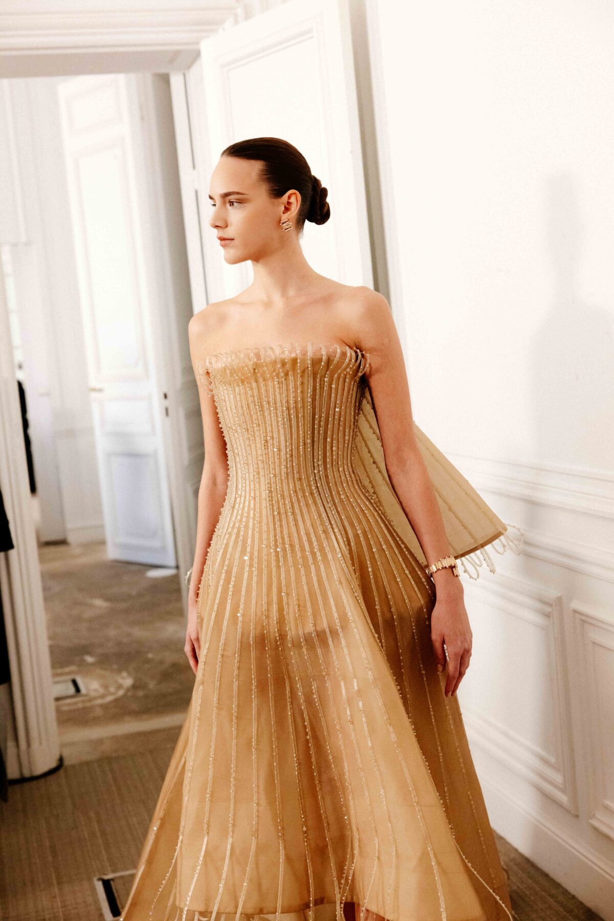 Strapless A-line ball gown in golden champagne