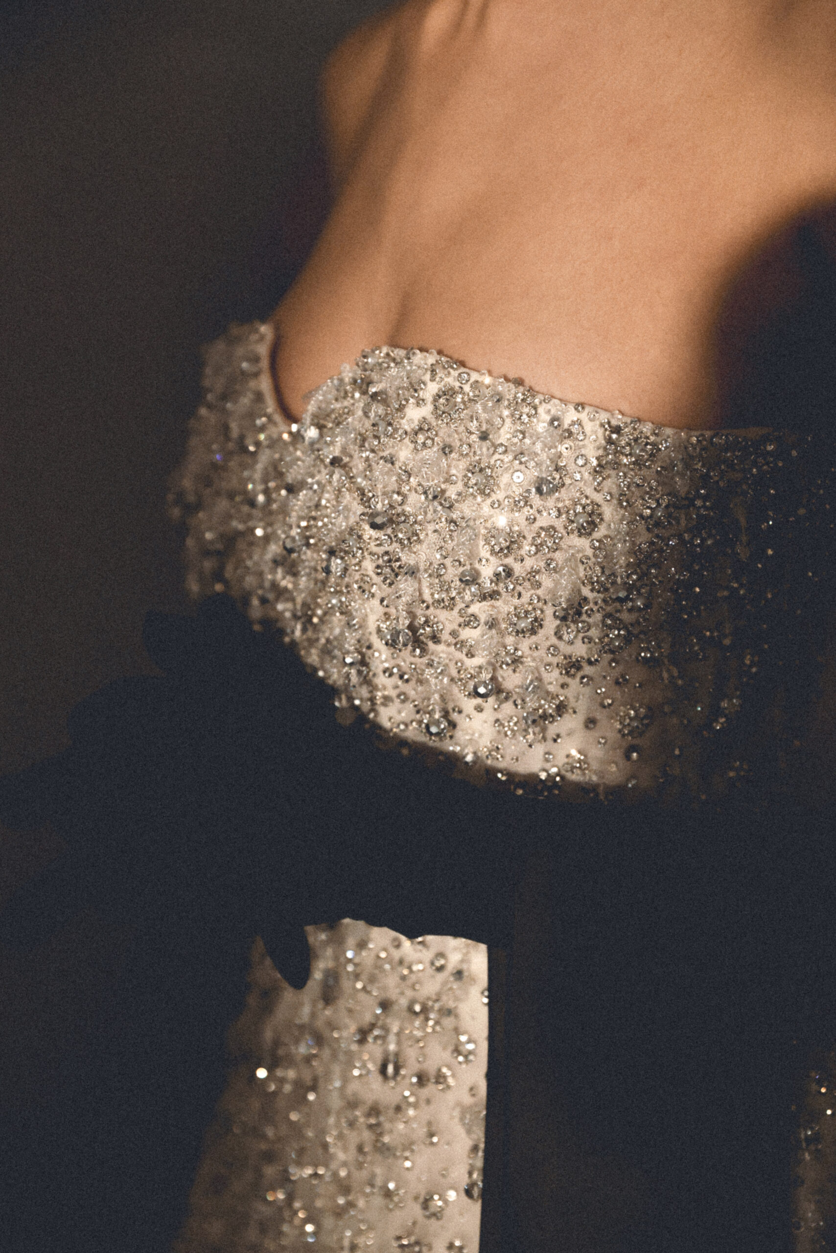 White maxi A-line tulle dress with crystal bustier