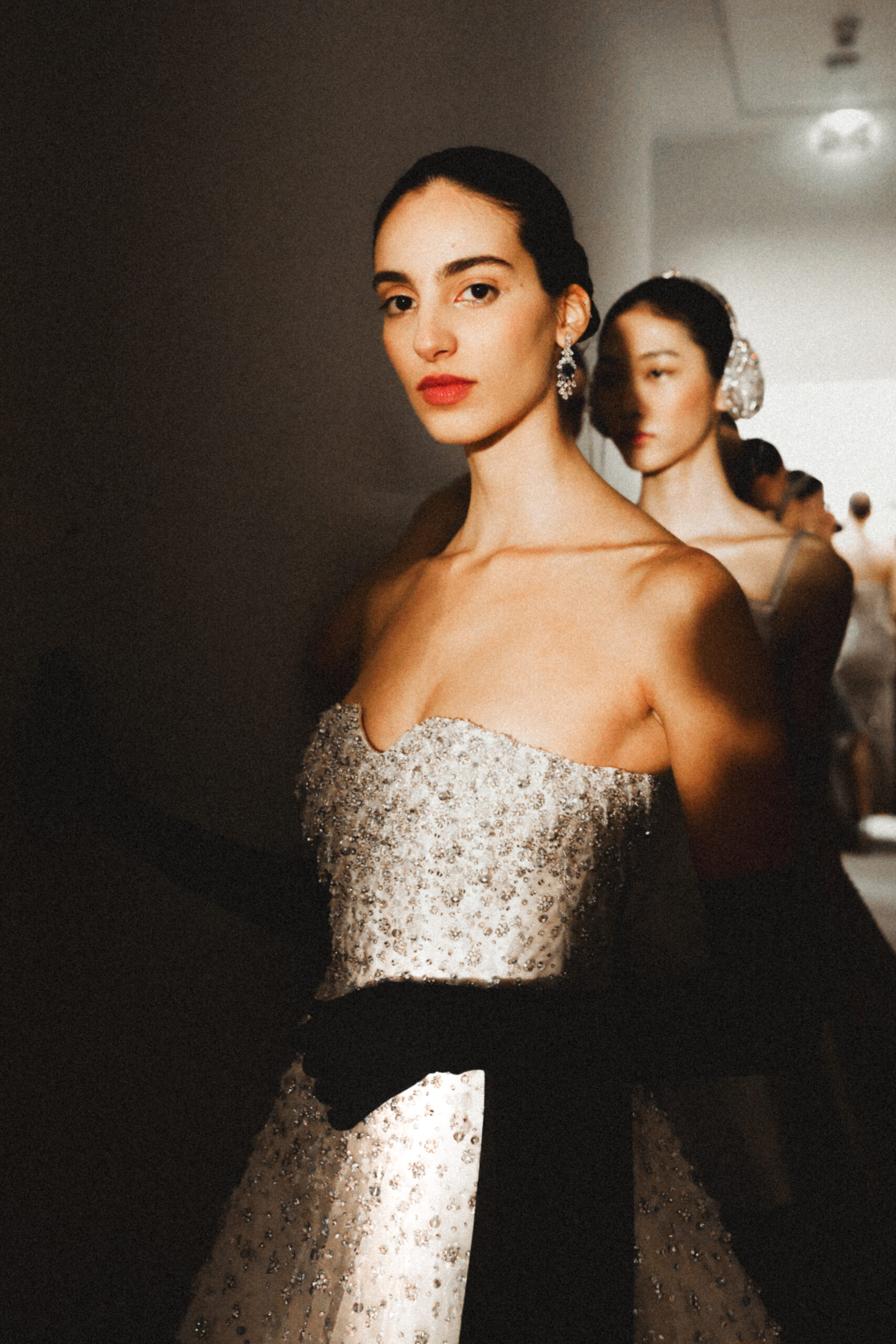 White maxi A-line tulle dress with crystal bustier