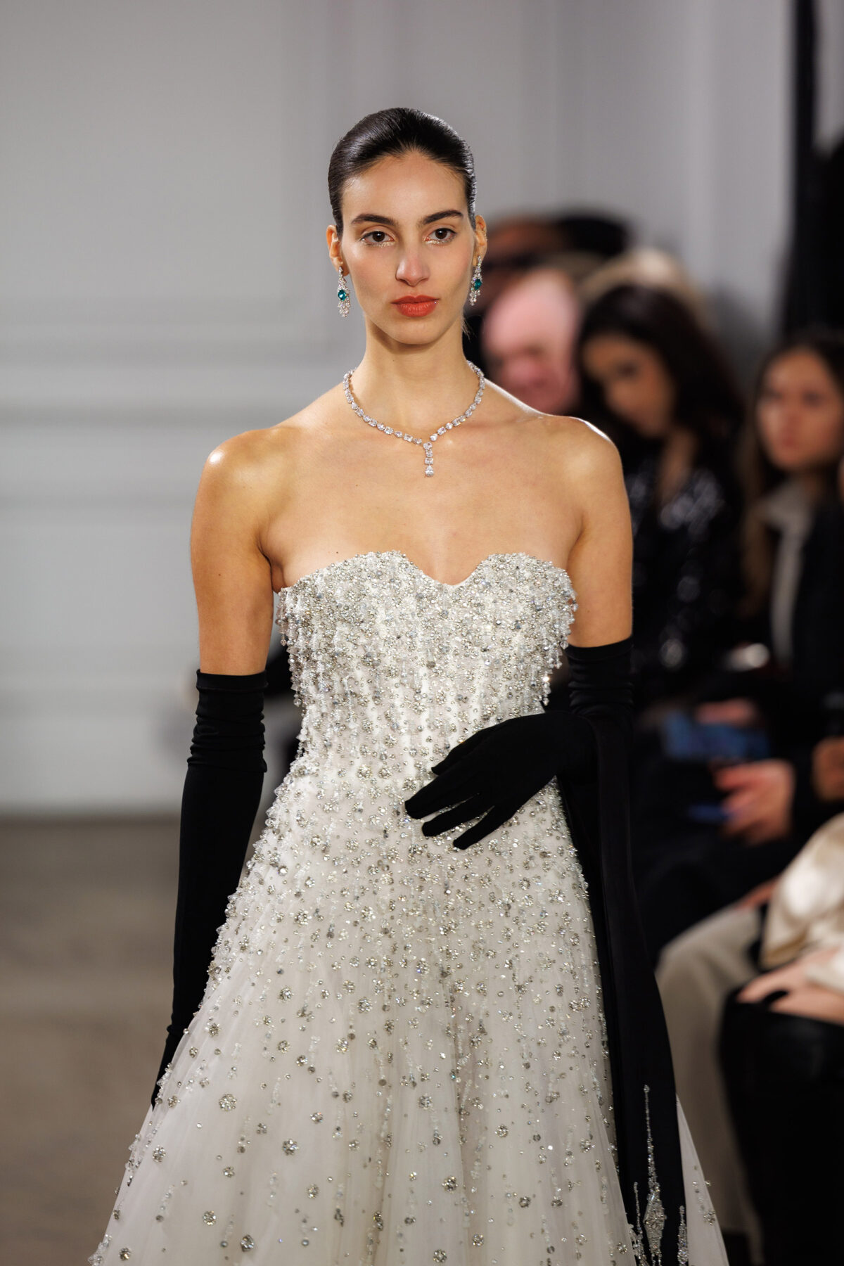 White maxi A-line tulle dress with crystal bustier