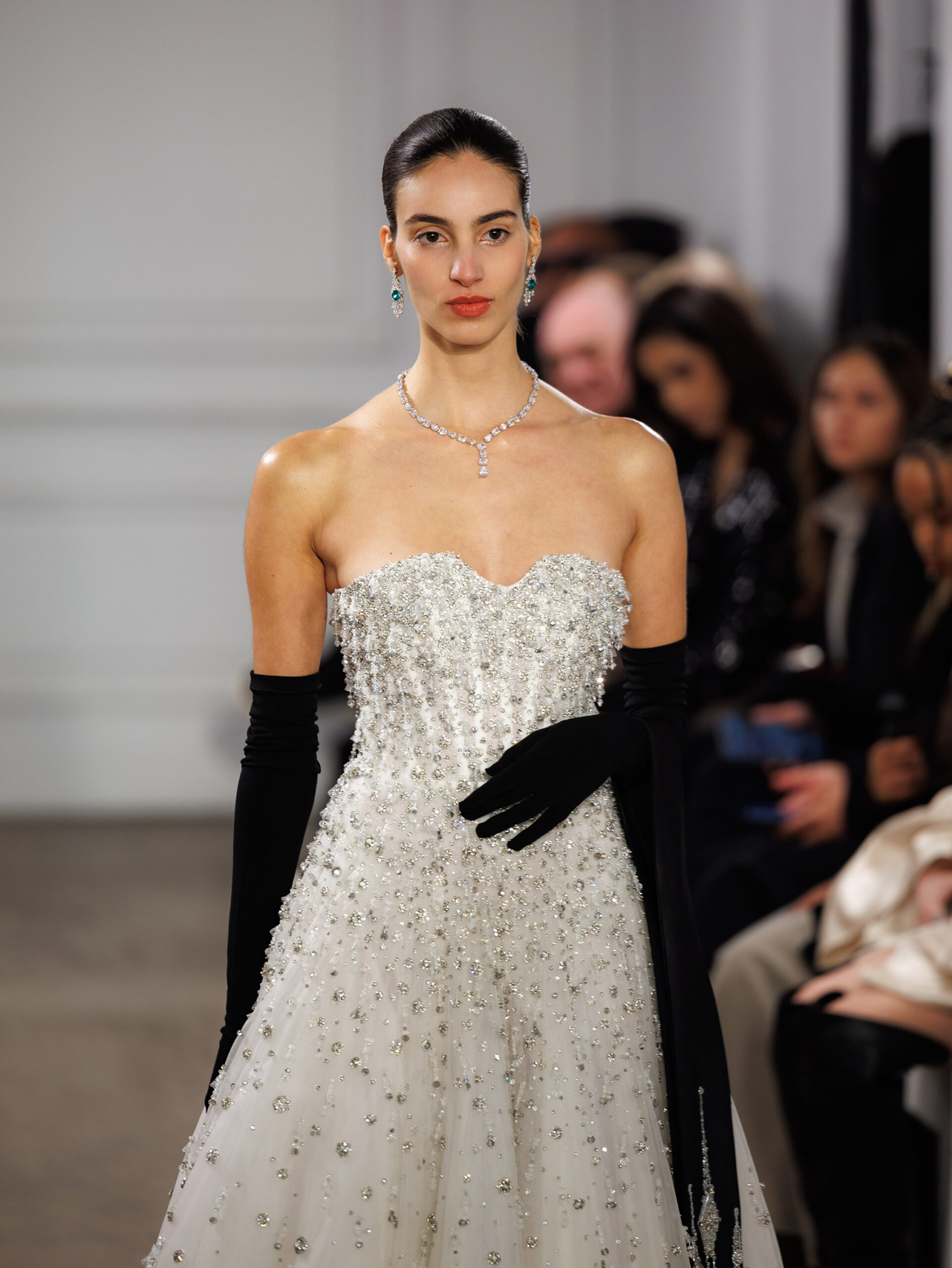 White maxi A-line tulle dress with crystal bustier