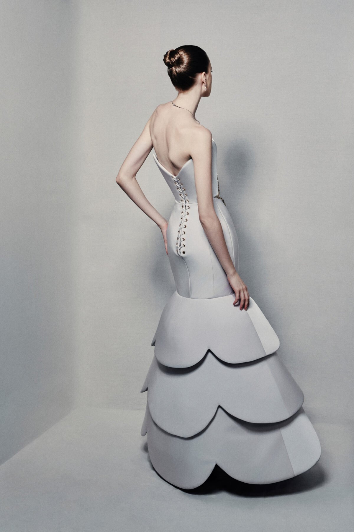 Strapless off-white trumpet dress in crepe silk