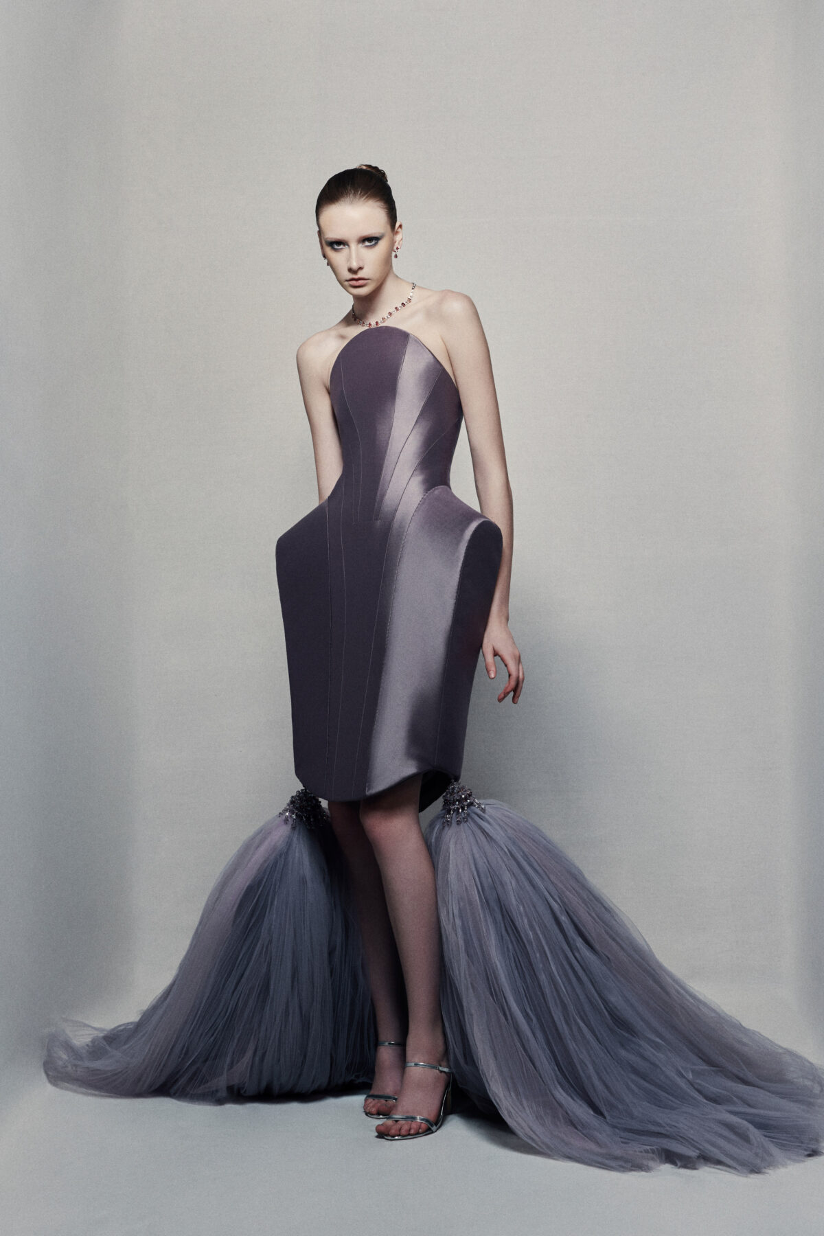 Strapless sculptural evening gown in dusky taupe taffeta
