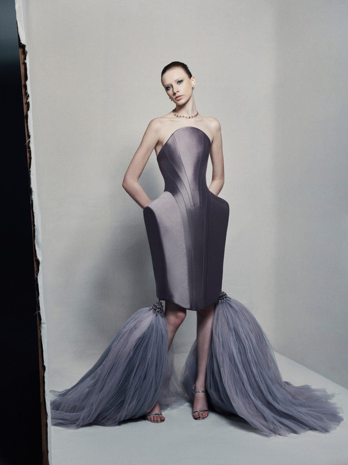 Strapless sculptural evening gown in dusky taupe taffeta