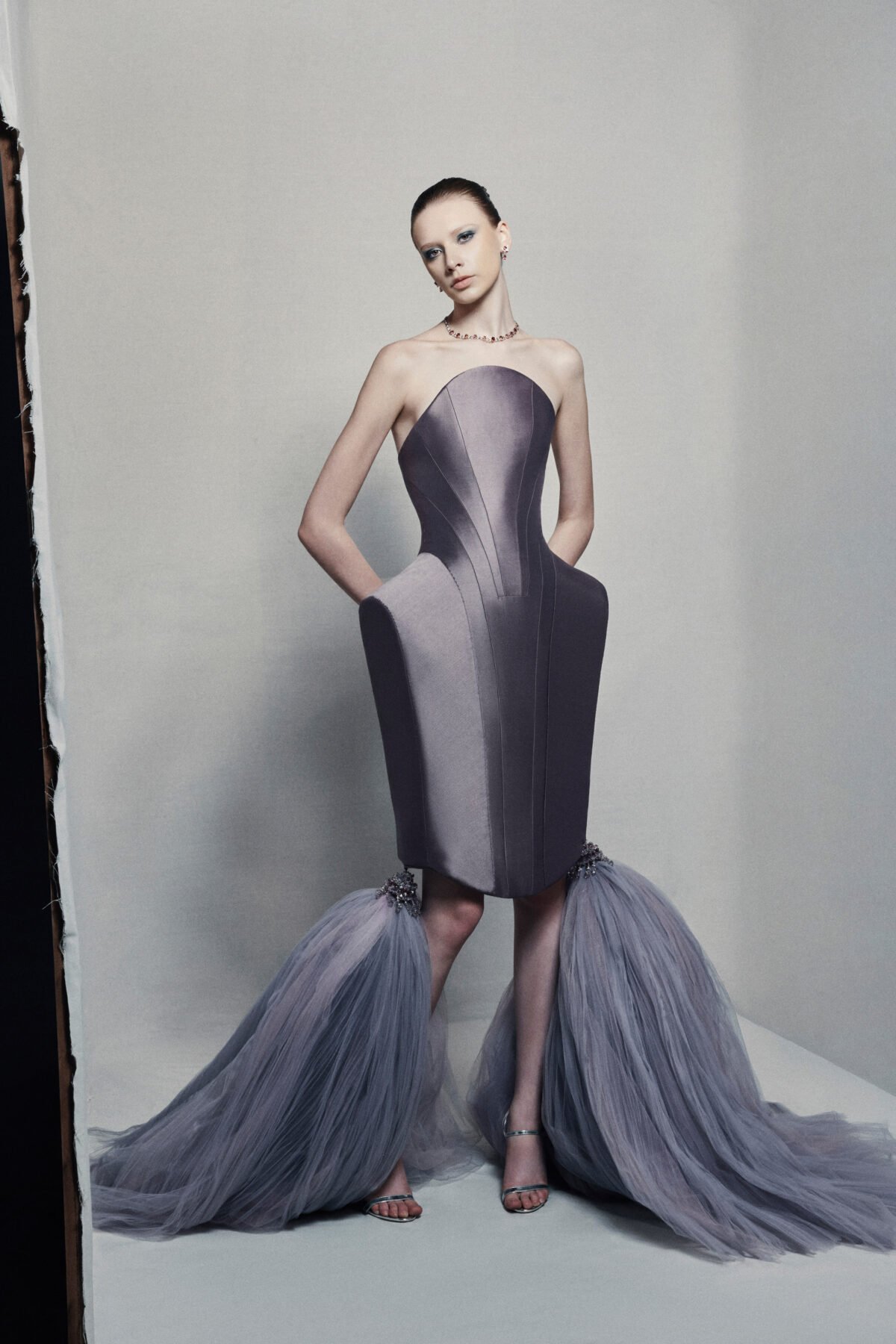 Strapless sculptural evening gown in dusky taupe taffeta