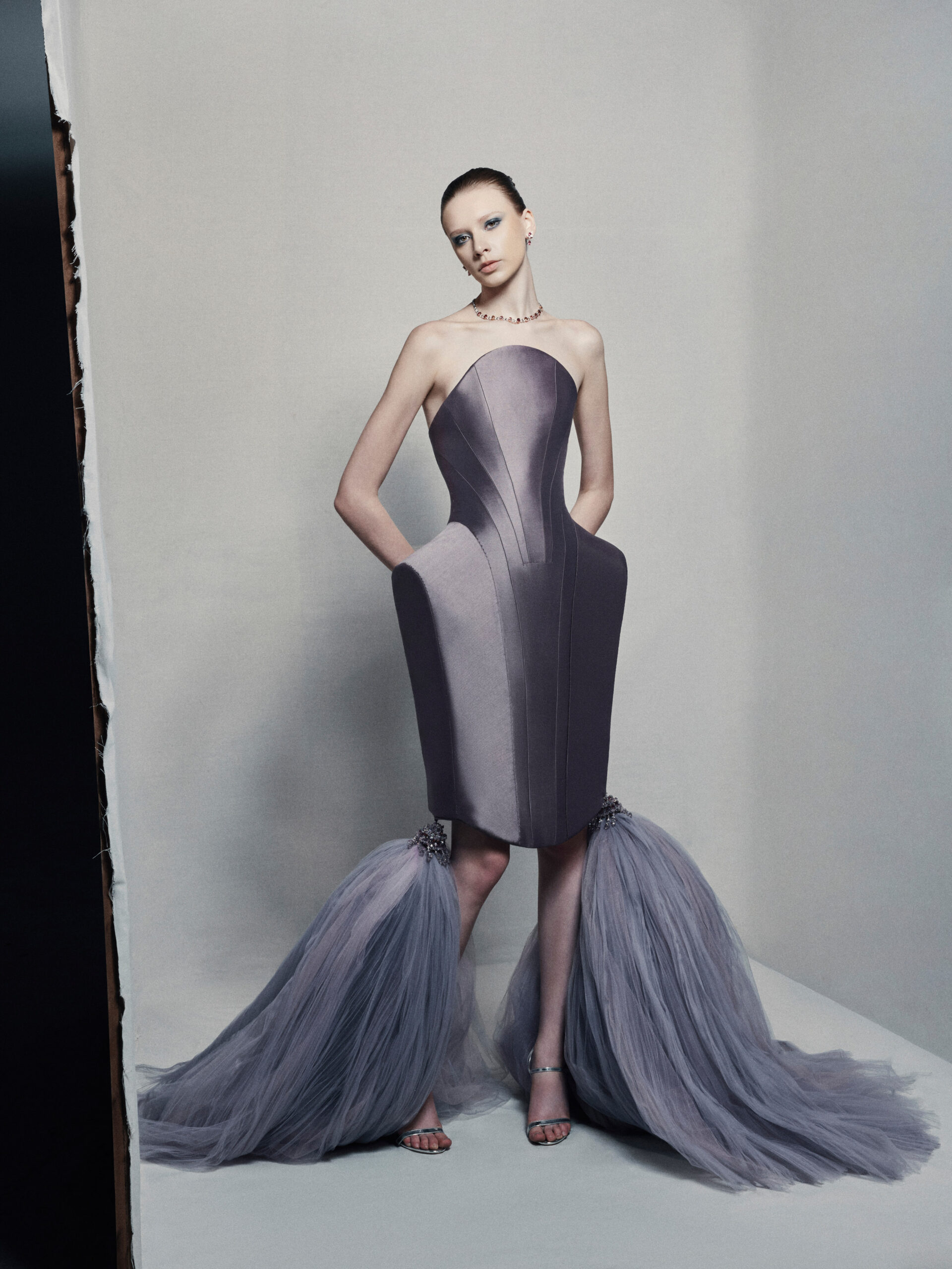 Strapless sculptural evening gown in dusky taupe taffeta