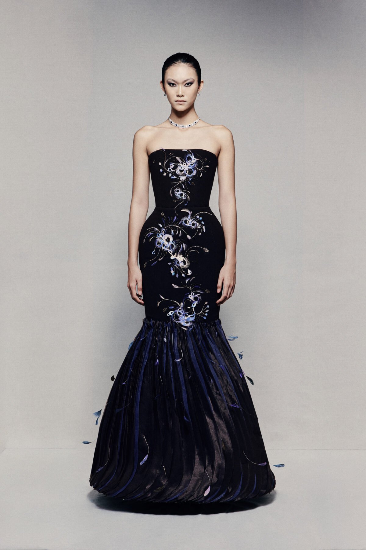 Strapless fit and flare gown in dark navy twill poplin