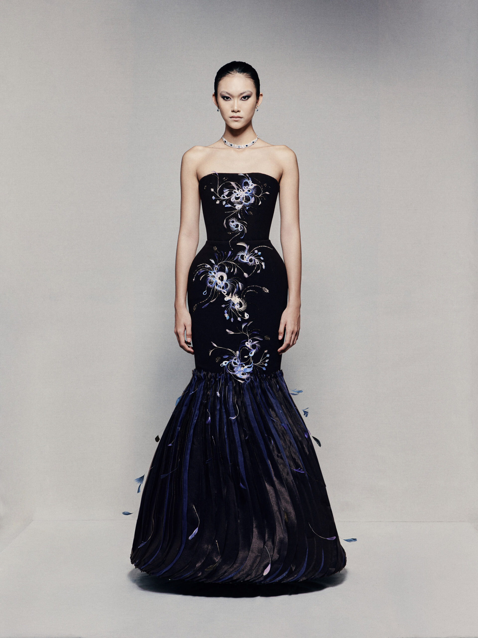 Strapless fit and flare gown in dark navy twill poplin