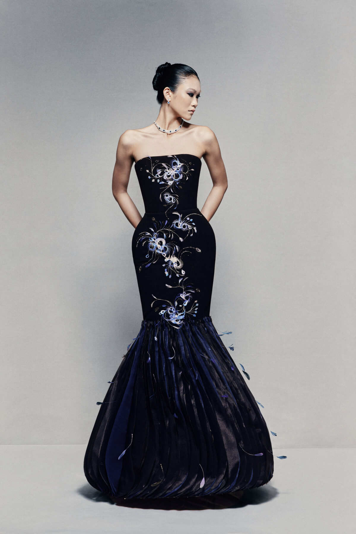 Strapless fit and flare gown in dark navy twill poplin
