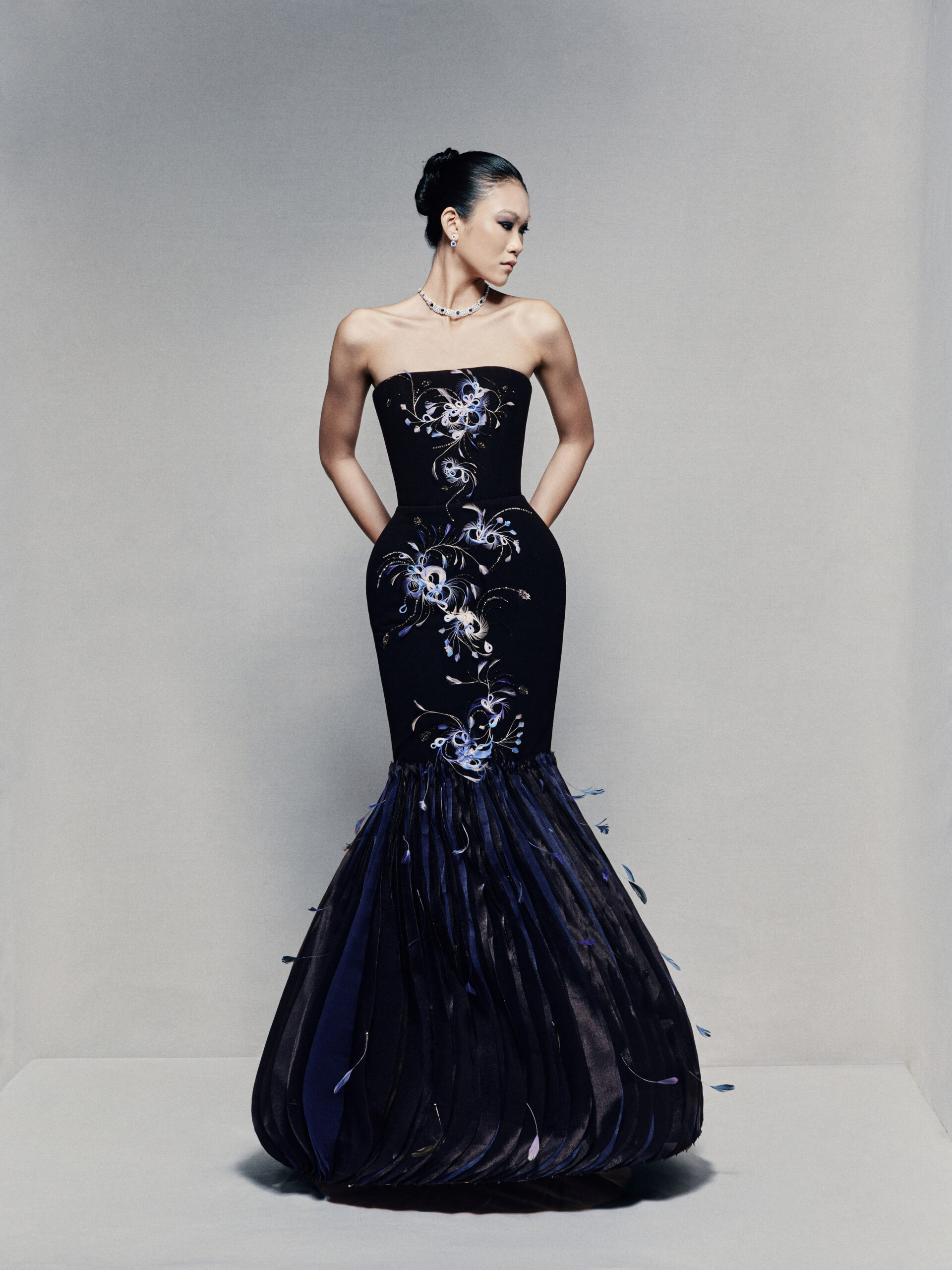 Strapless fit and flare gown in dark navy twill poplin
