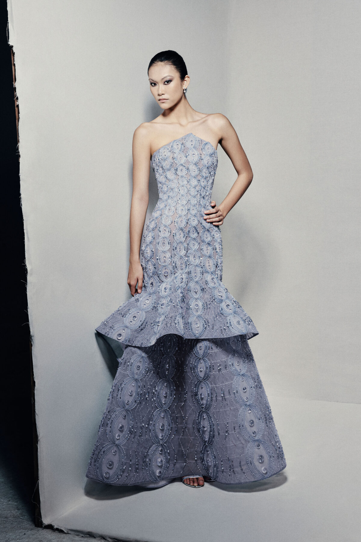 Strapless peplum mermaid gown in powder blue
