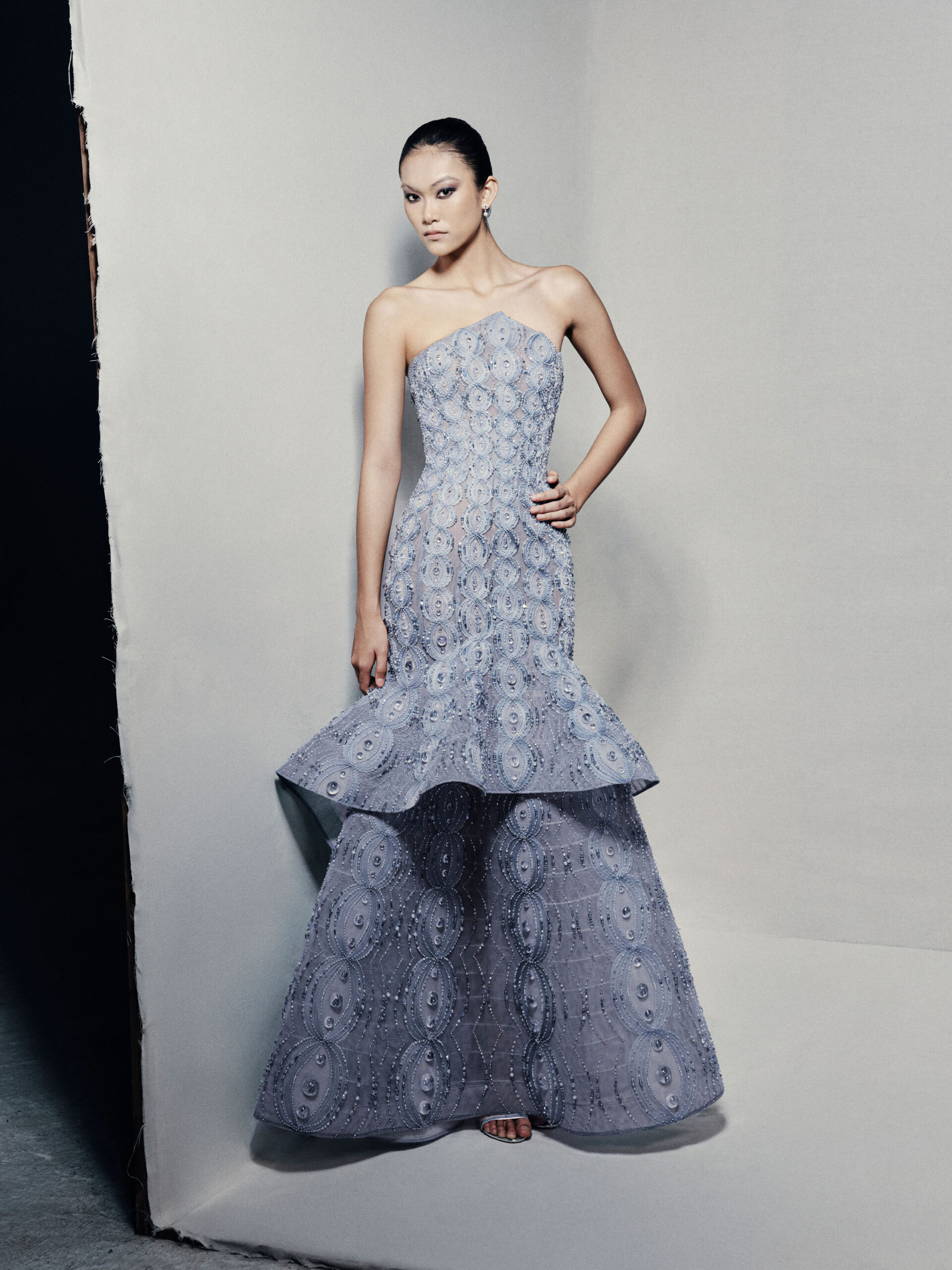 Strapless peplum mermaid gown in powder blue