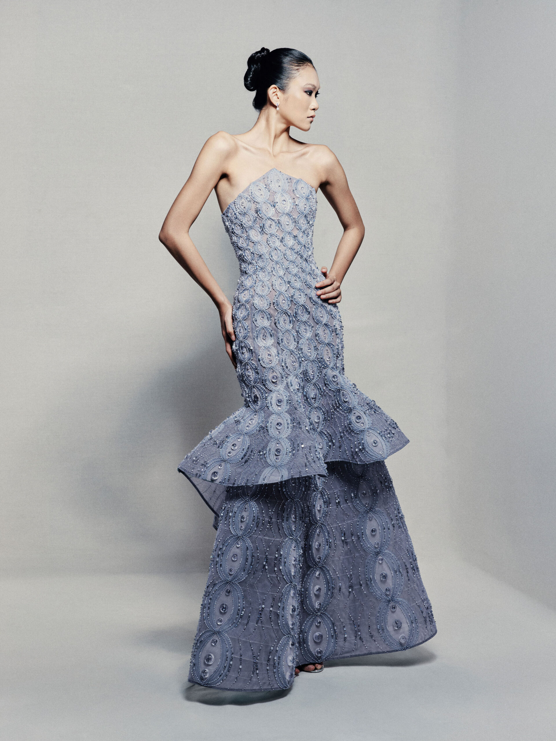 Strapless peplum mermaid gown in powder blue