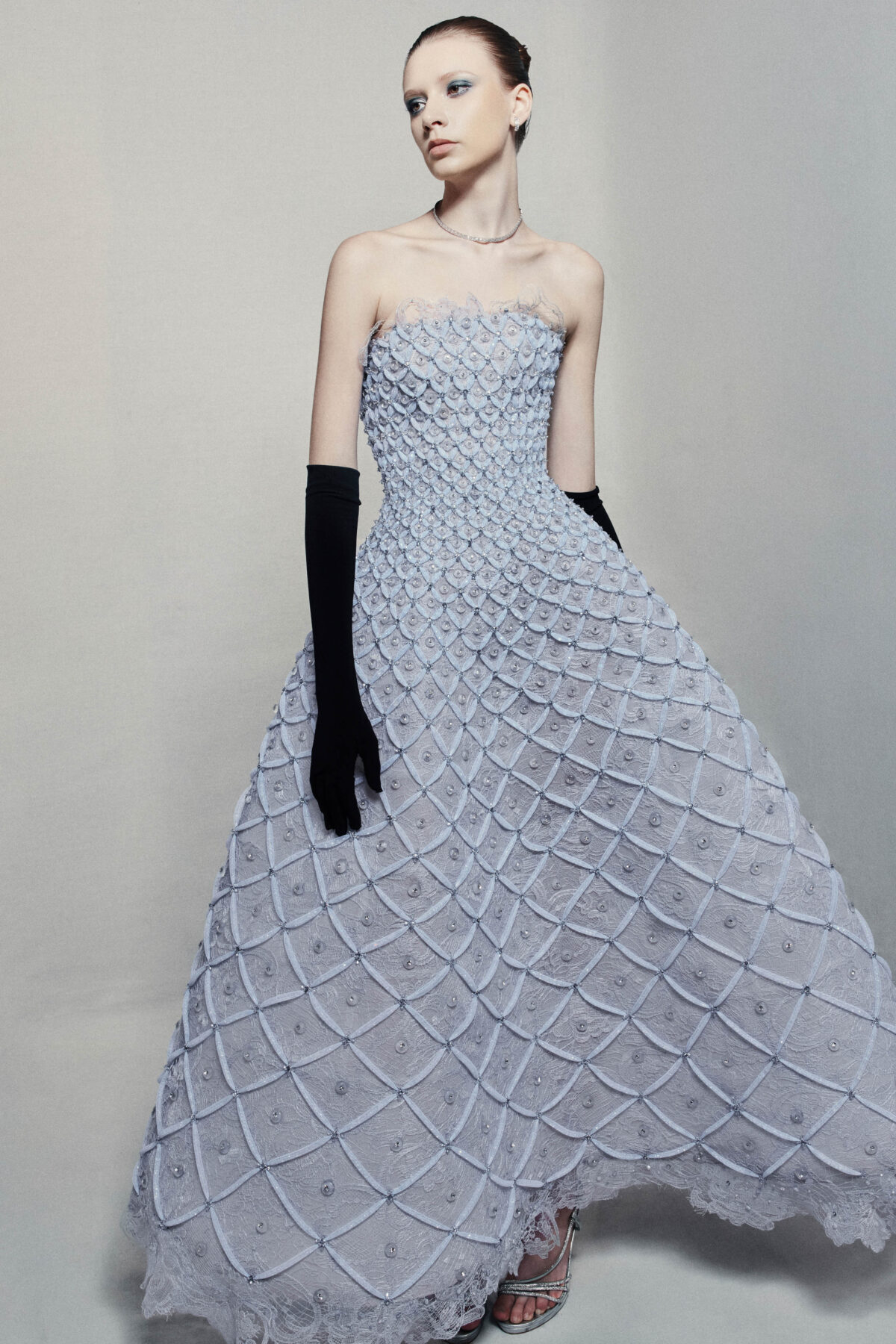 Strapless A-line maxi dress in icy blue guipure lace