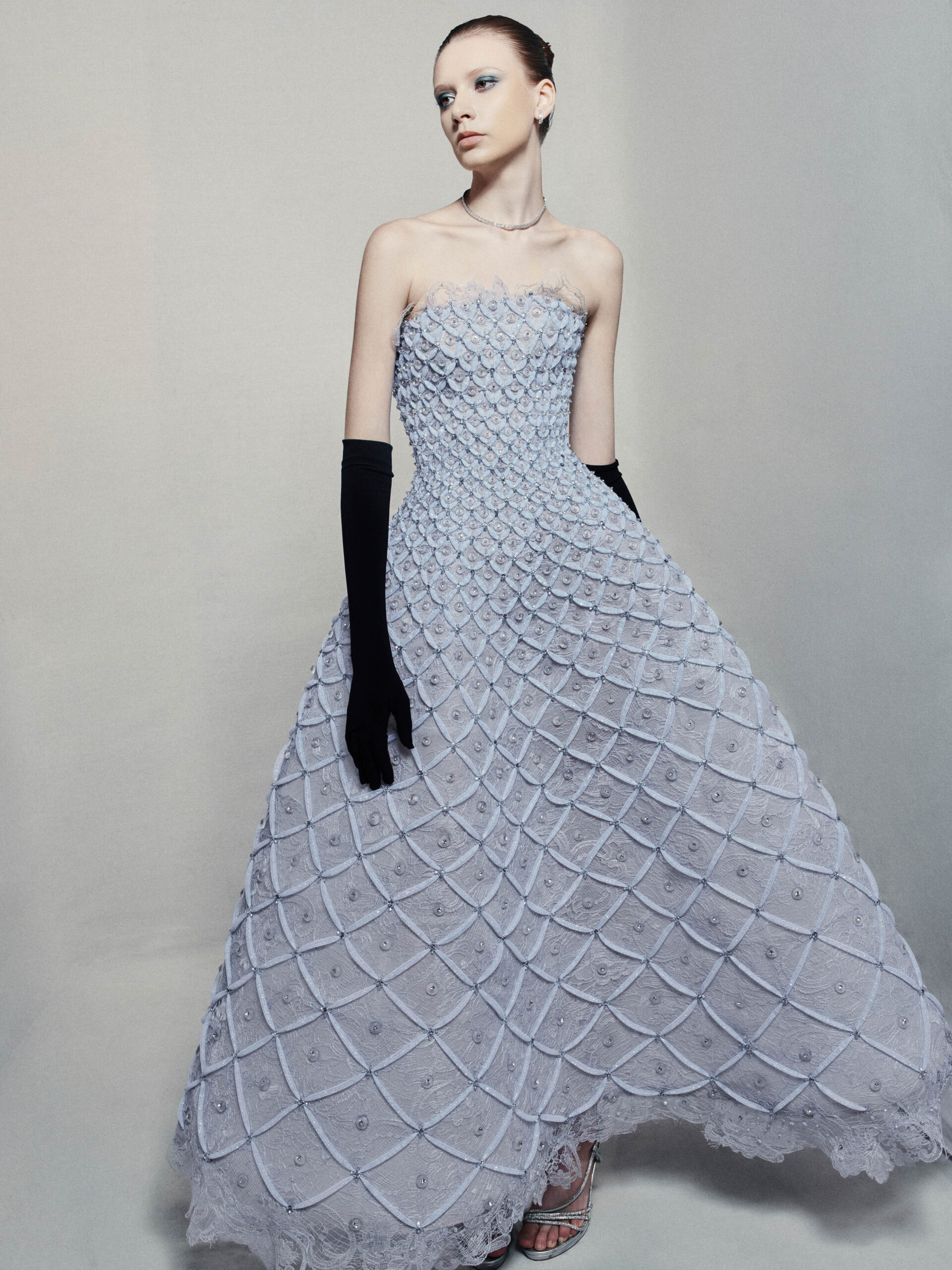 Strapless A-line maxi dress in icy blue guipure lace