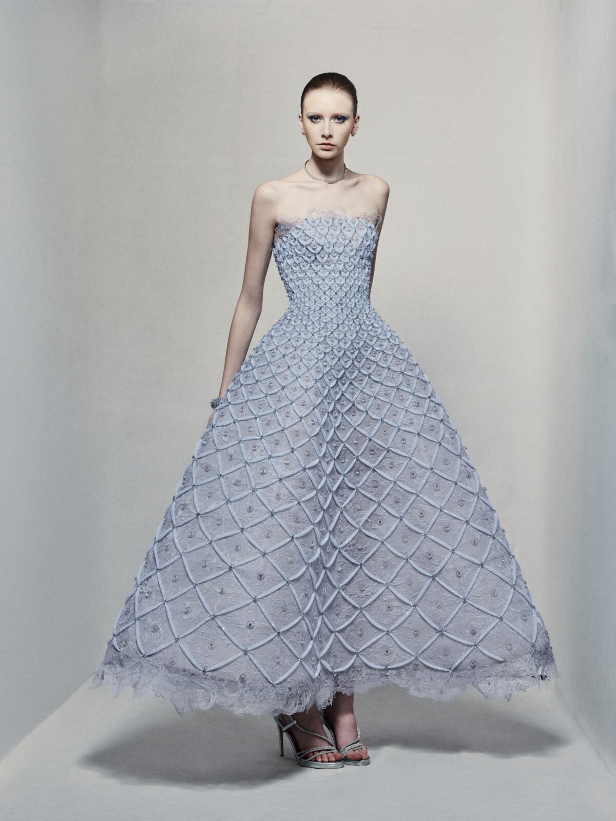 Strapless A-line maxi dress in icy blue guipure lace