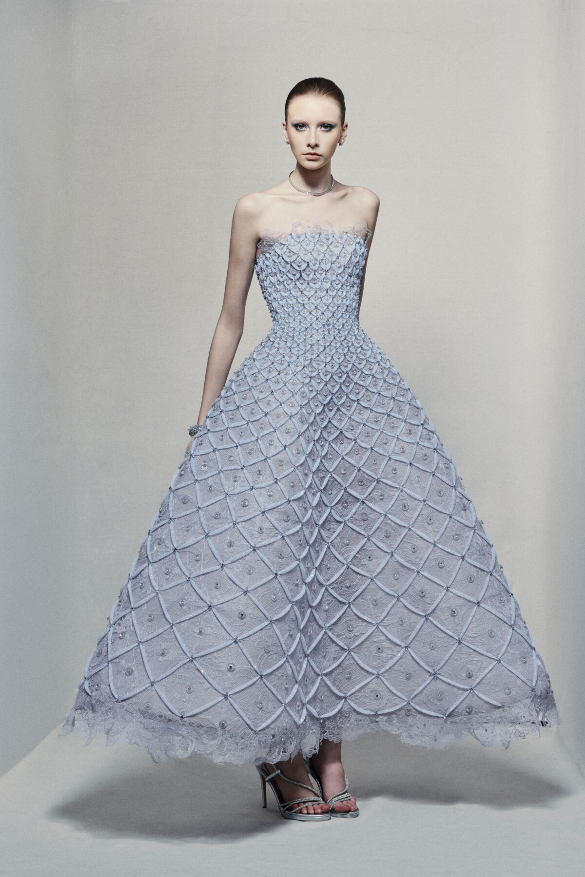 Strapless A-line maxi dress in icy blue guipure lace