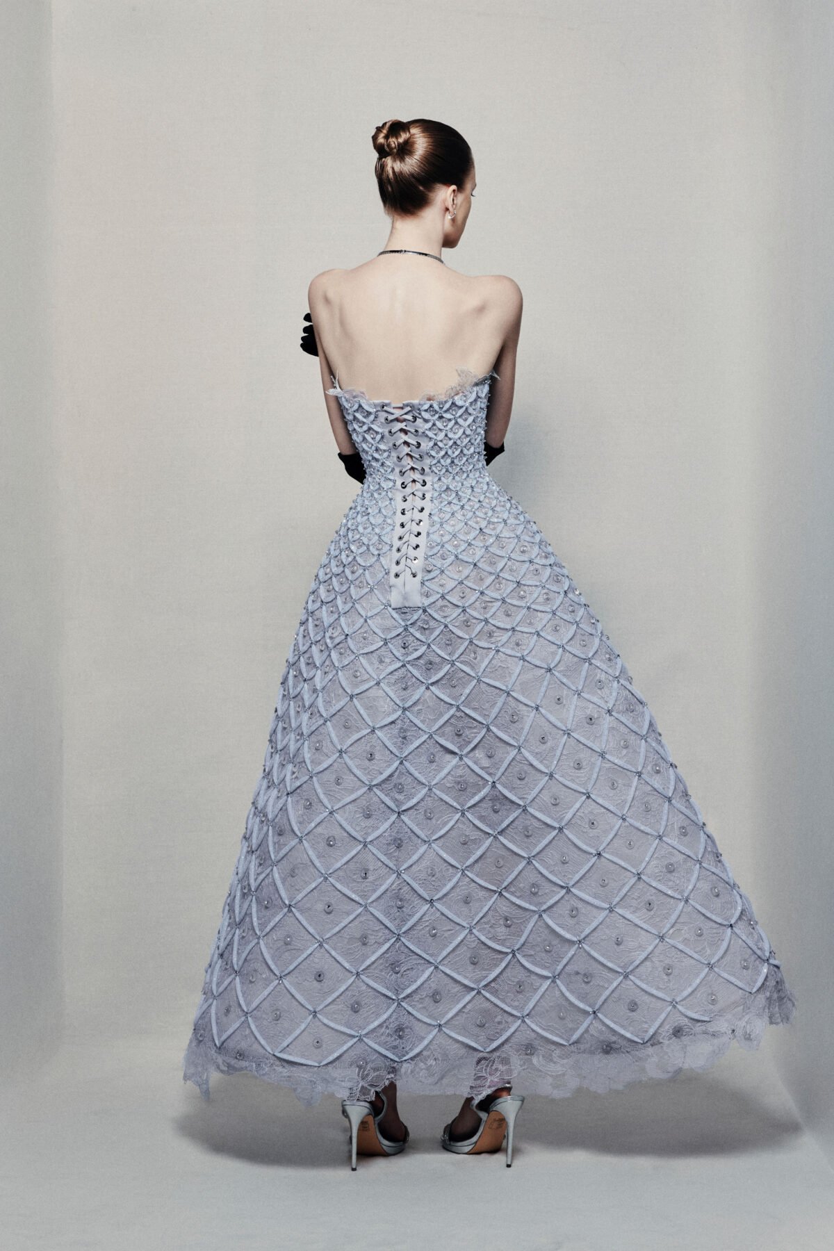 Strapless A-line maxi dress in icy blue guipure lace