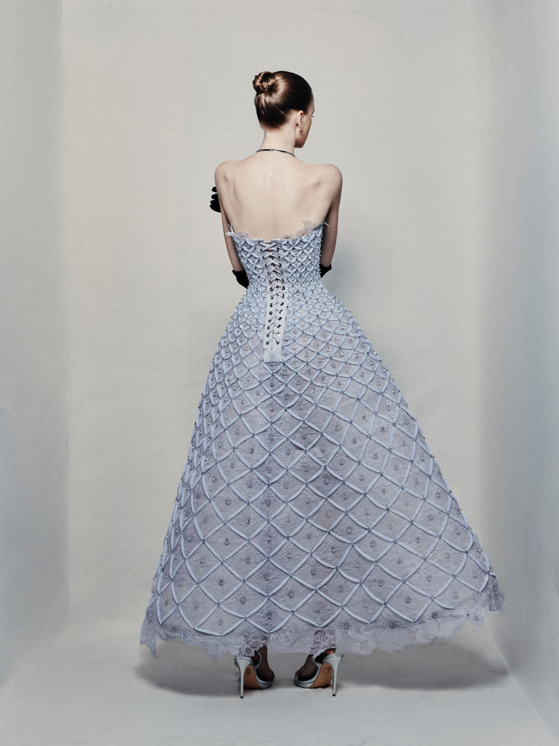 Strapless A-line maxi dress in icy blue guipure lace
