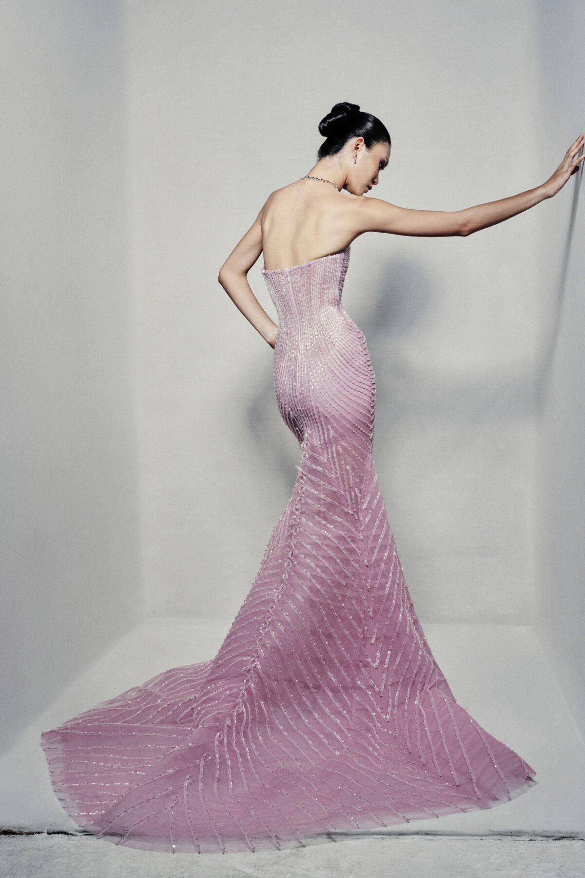 Sheer trumpet dress in pinkish mauve