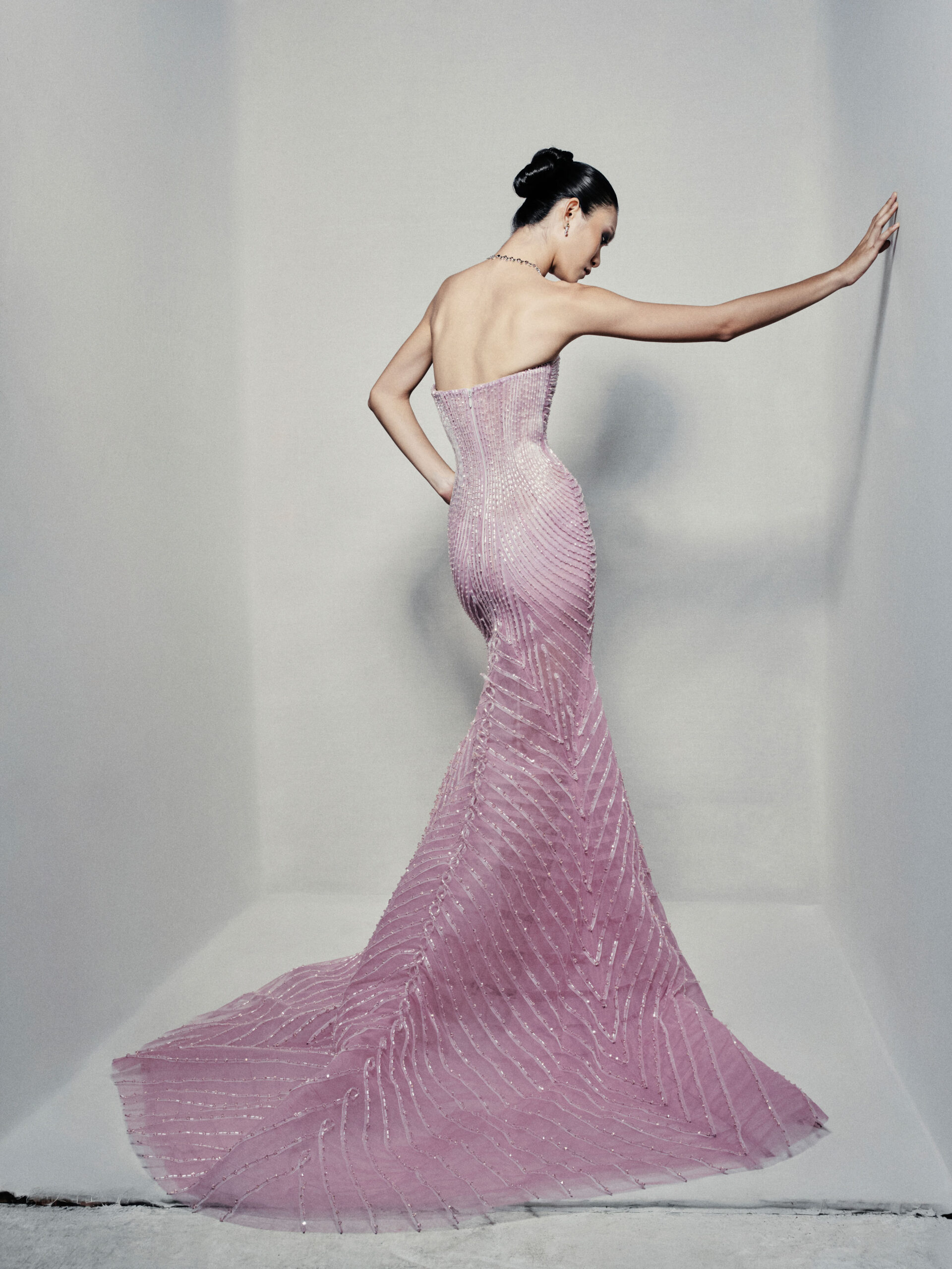 Sheer trumpet dress in pinkish mauve