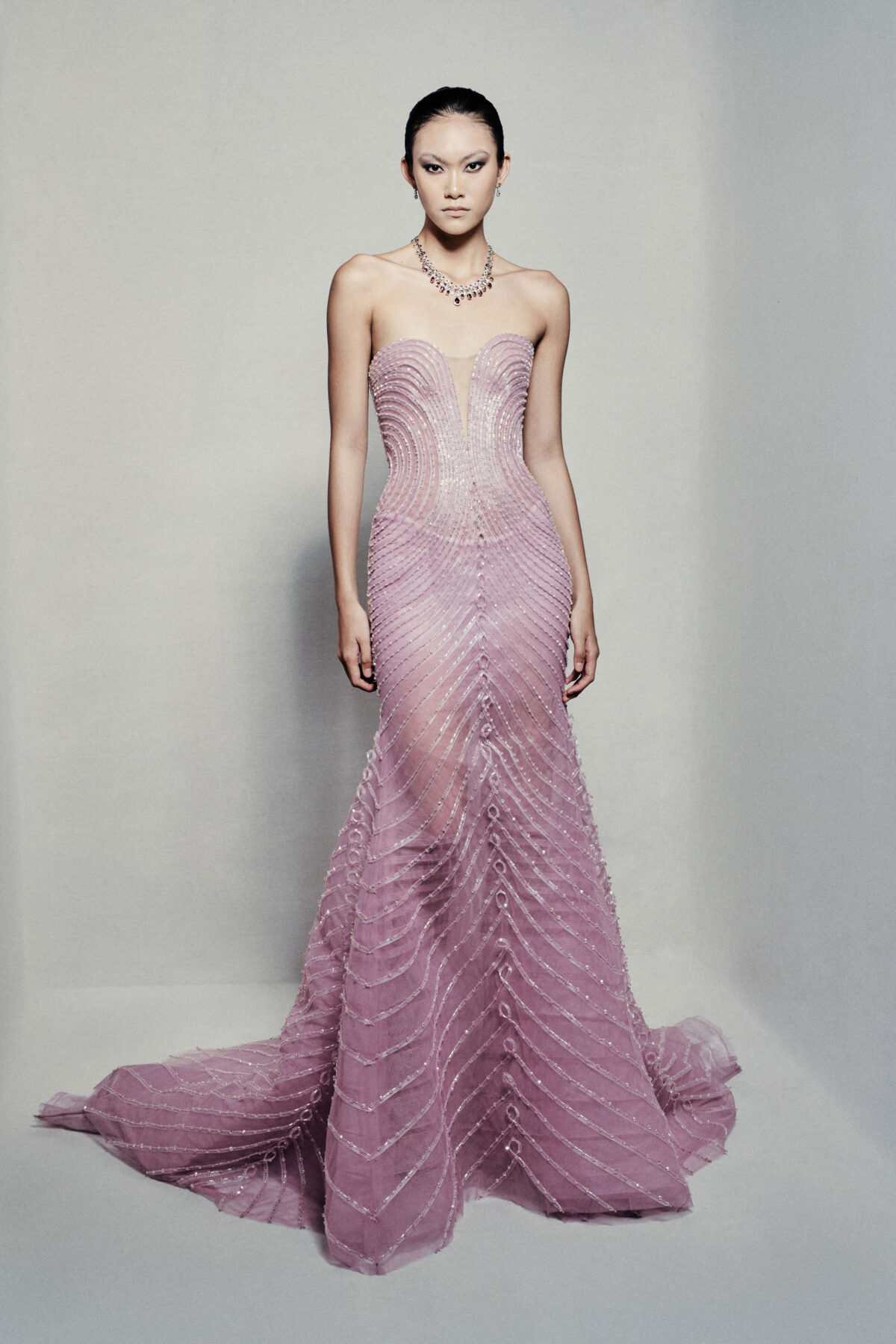 Sheer trumpet dress in pinkish mauve