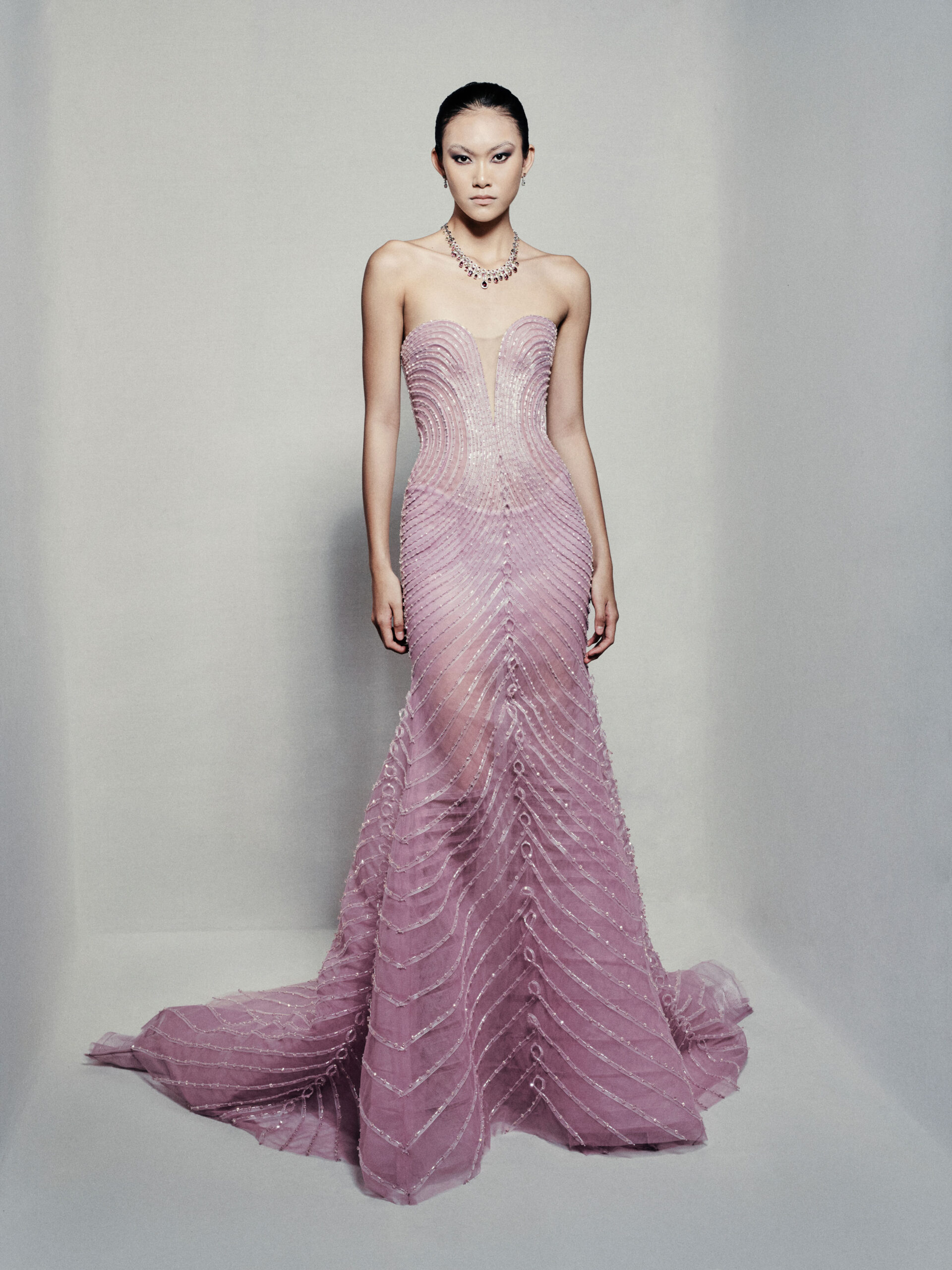 Sheer trumpet dress in pinkish mauve