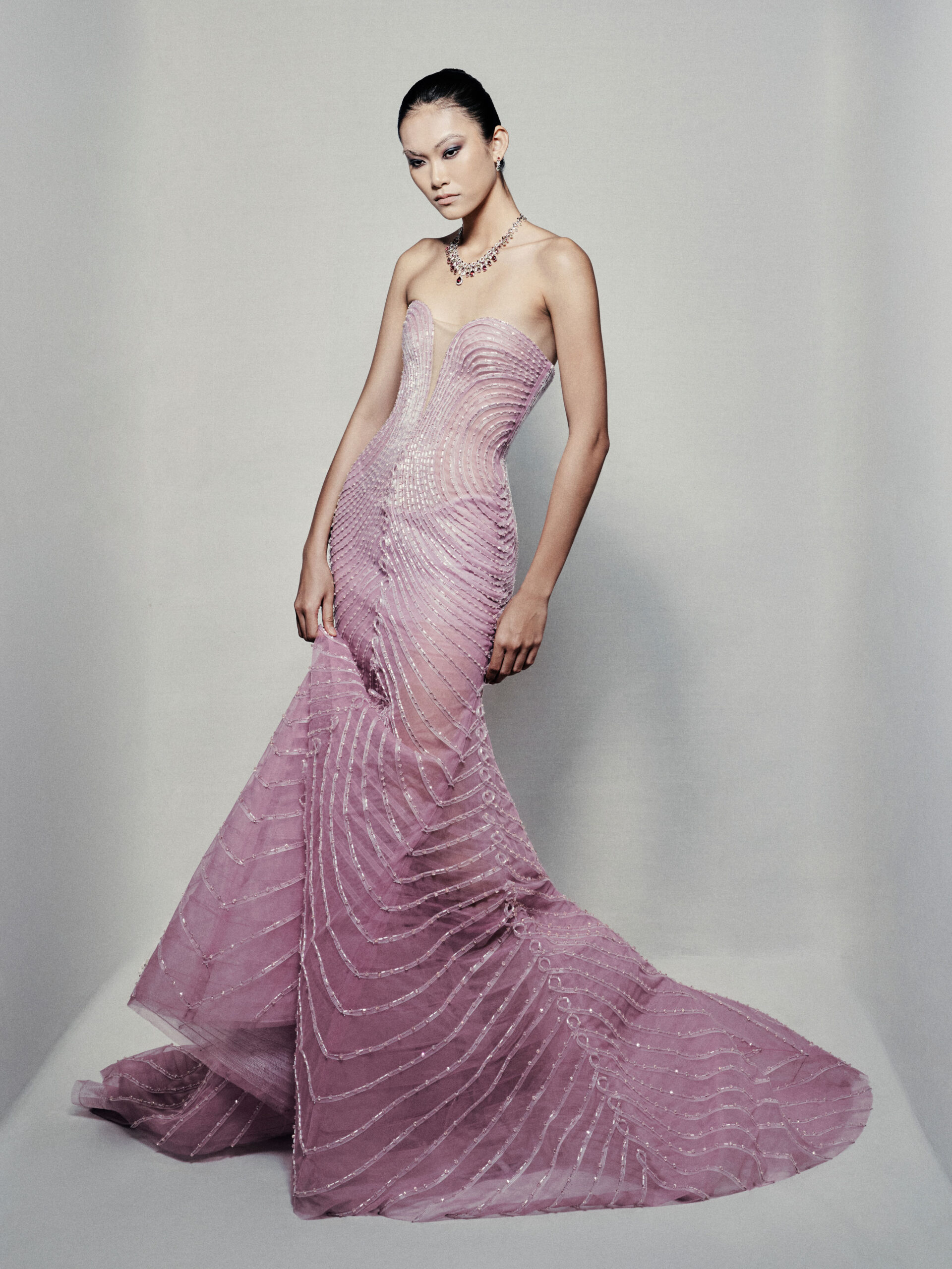 Sheer trumpet dress in pinkish mauve