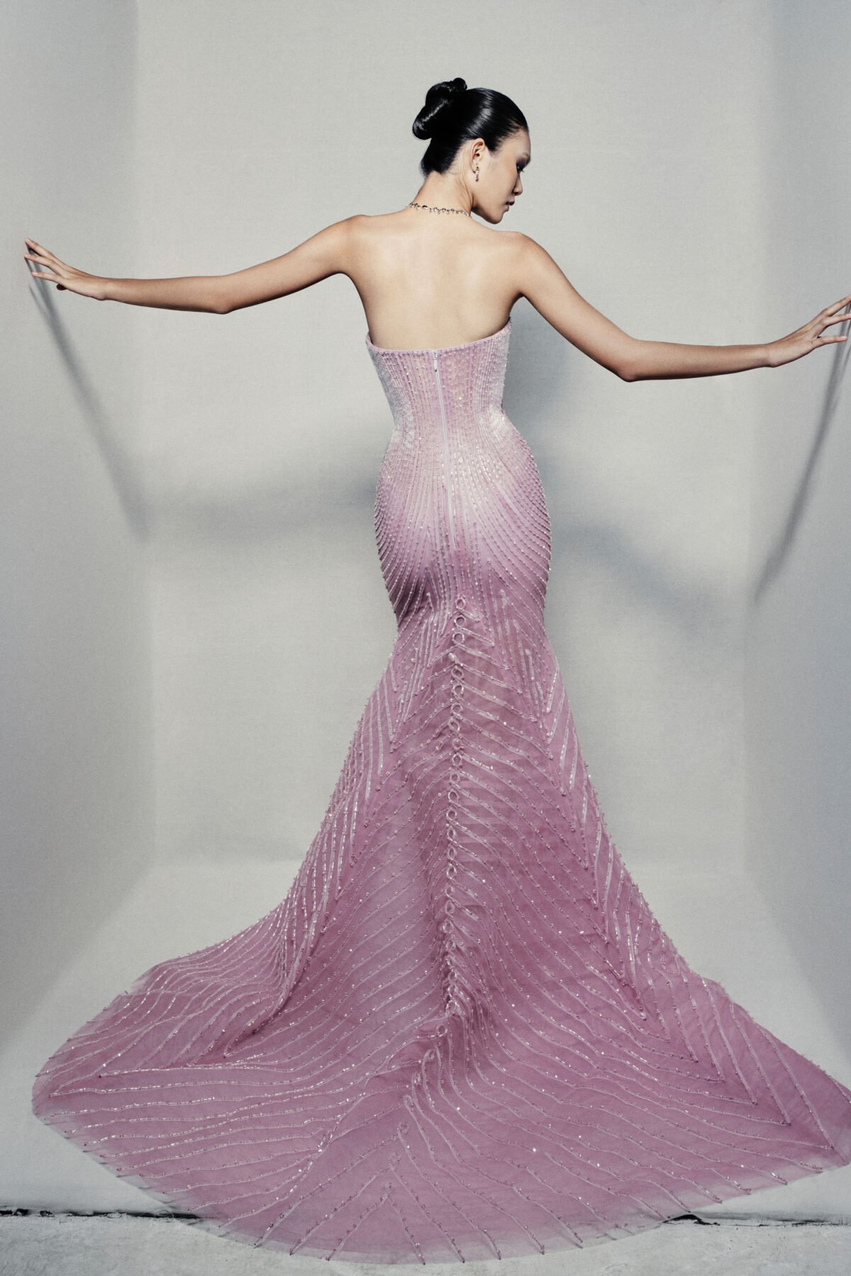 Sheer trumpet dress in pinkish mauve