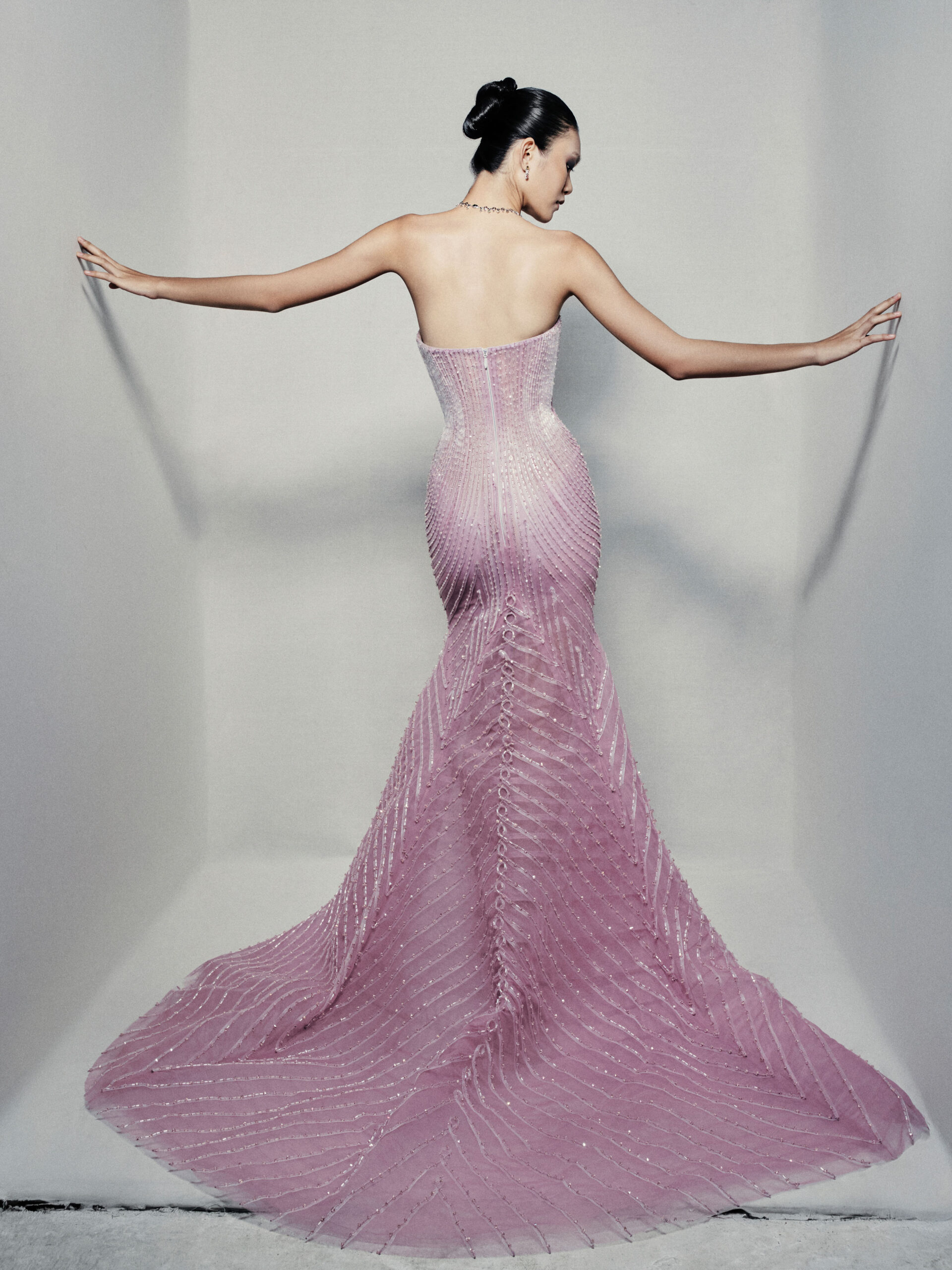 Sheer trumpet dress in pinkish mauve