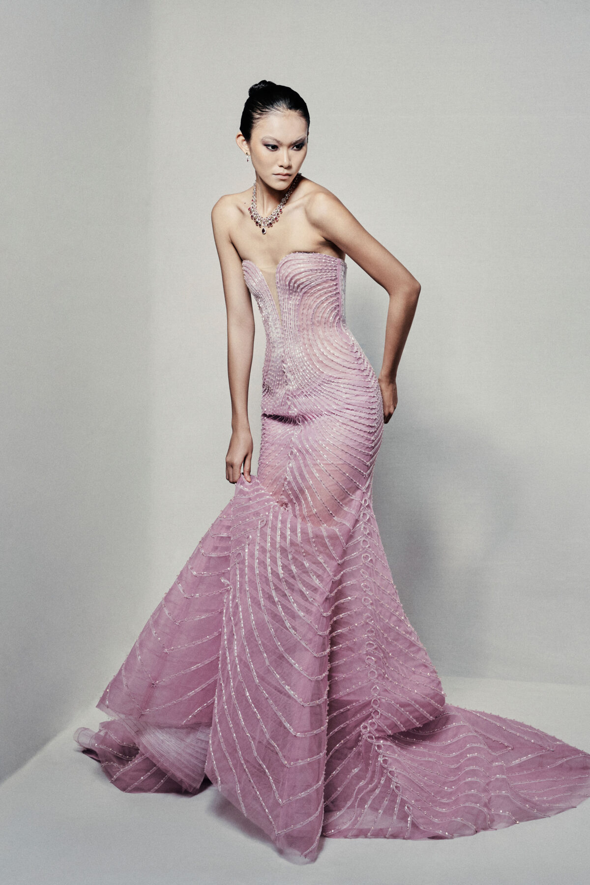 Sheer trumpet dress in pinkish mauve
