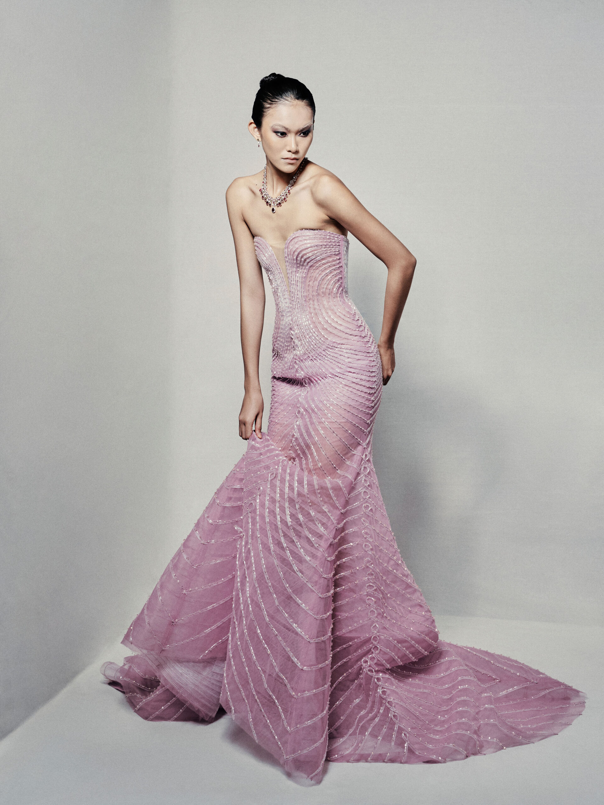 Sheer trumpet dress in pinkish mauve