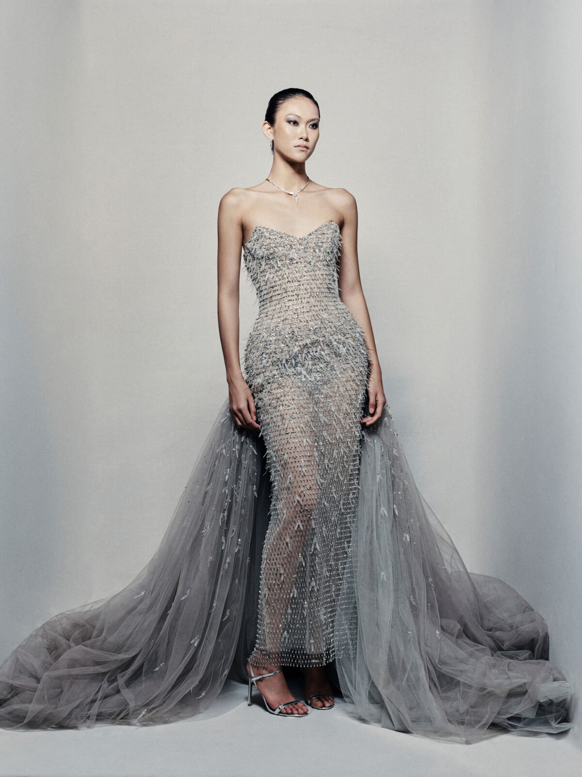 Strapless sweetheart ball gown in silvery grey