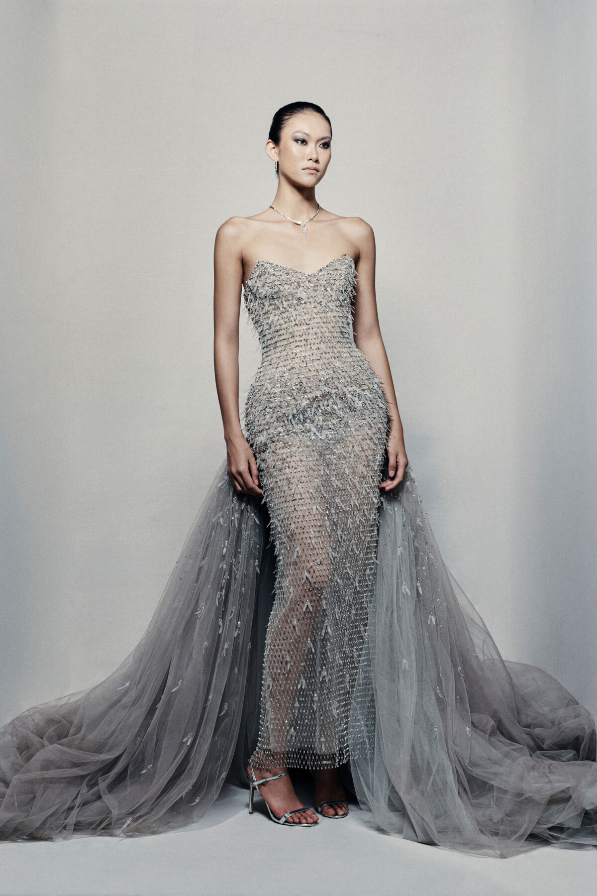 Strapless sweetheart ball gown in silvery grey