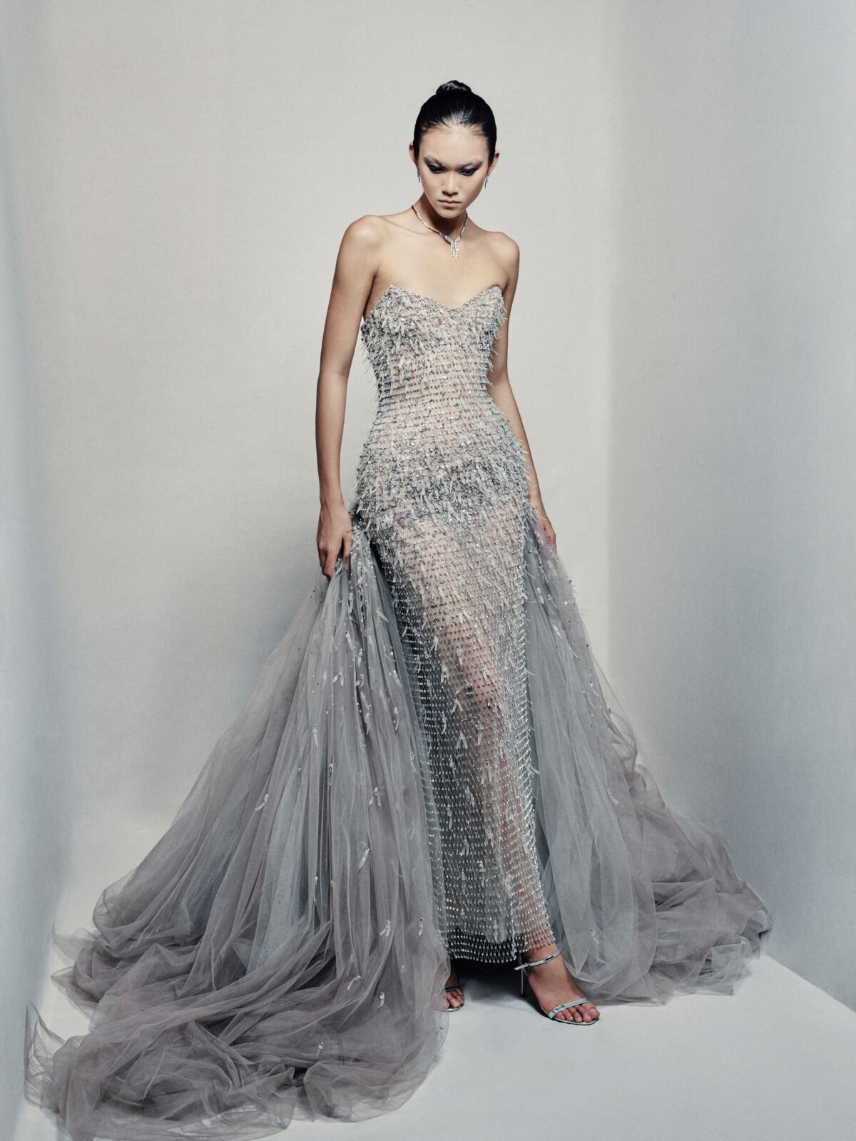 Strapless sweetheart ball gown in silvery grey