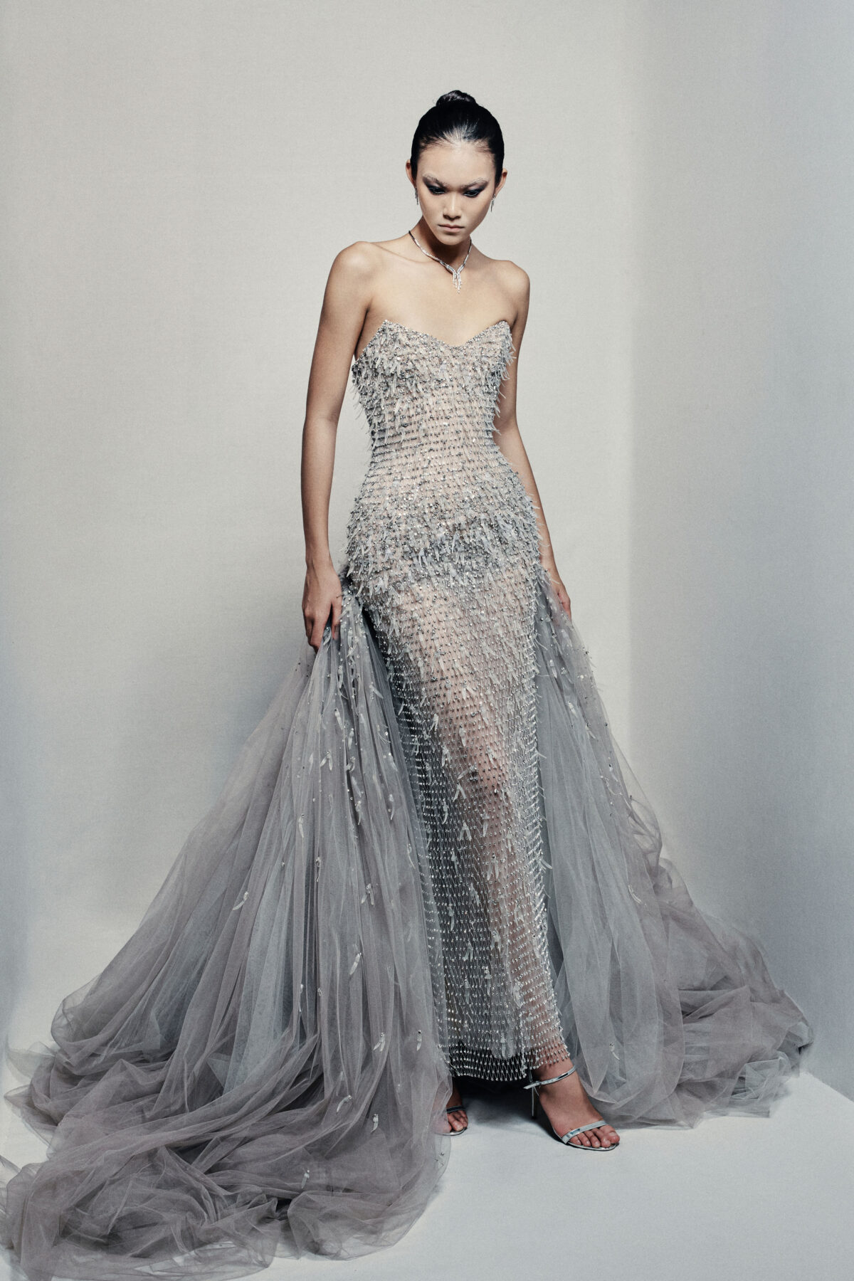 Strapless sweetheart ball gown in silvery grey