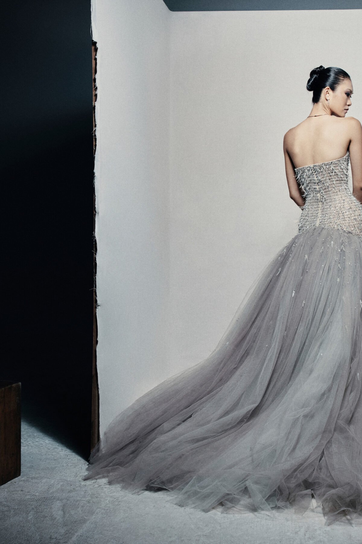 Strapless sweetheart ball gown in silvery grey
