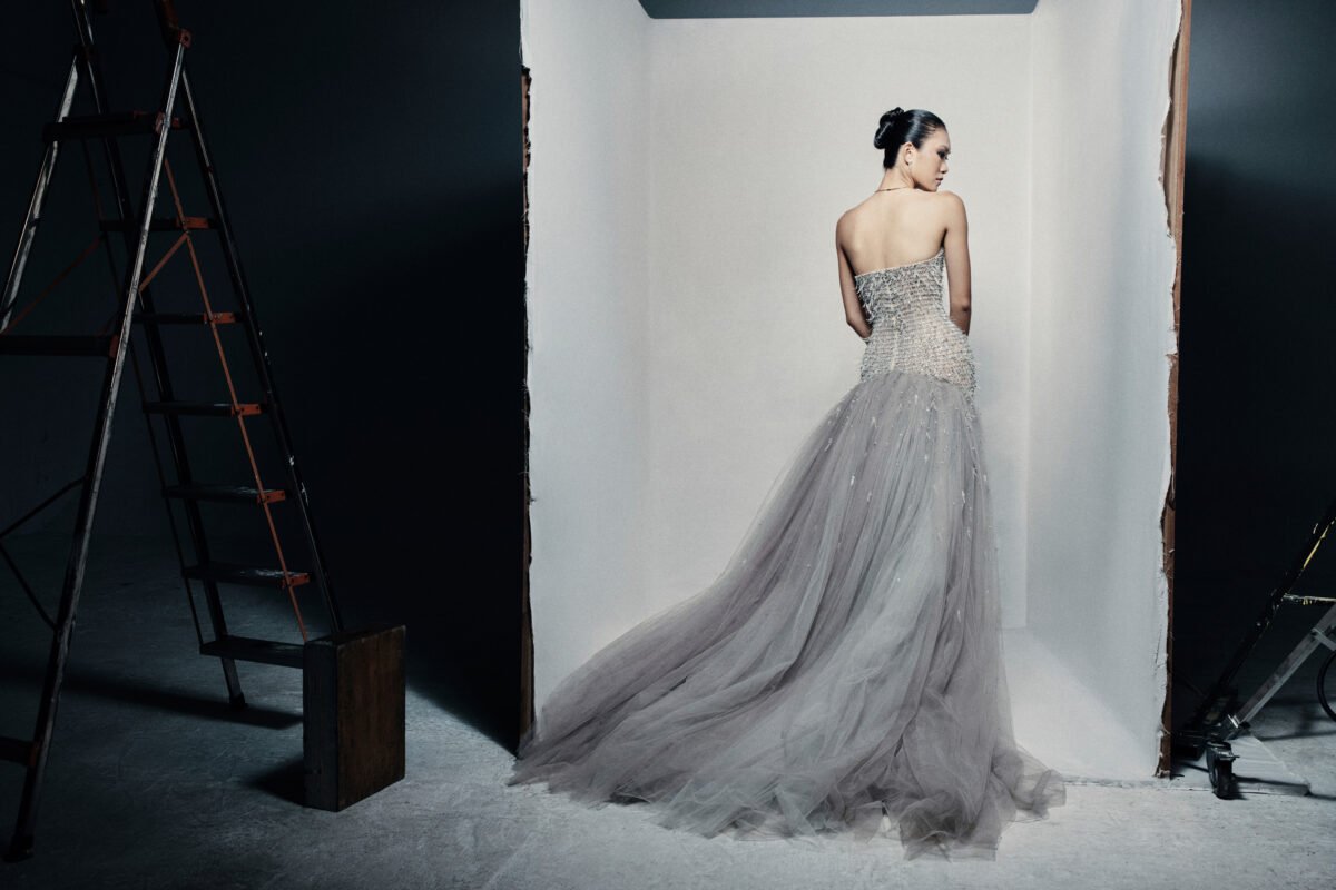 Strapless sweetheart ball gown in silvery grey